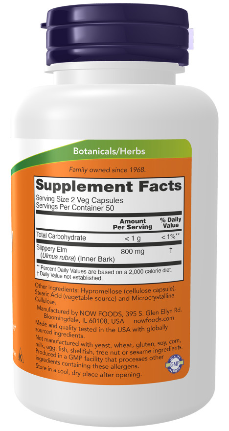 Now Foods Slippery Elm 400 mg 100 Veg Caps 06/2030EXP