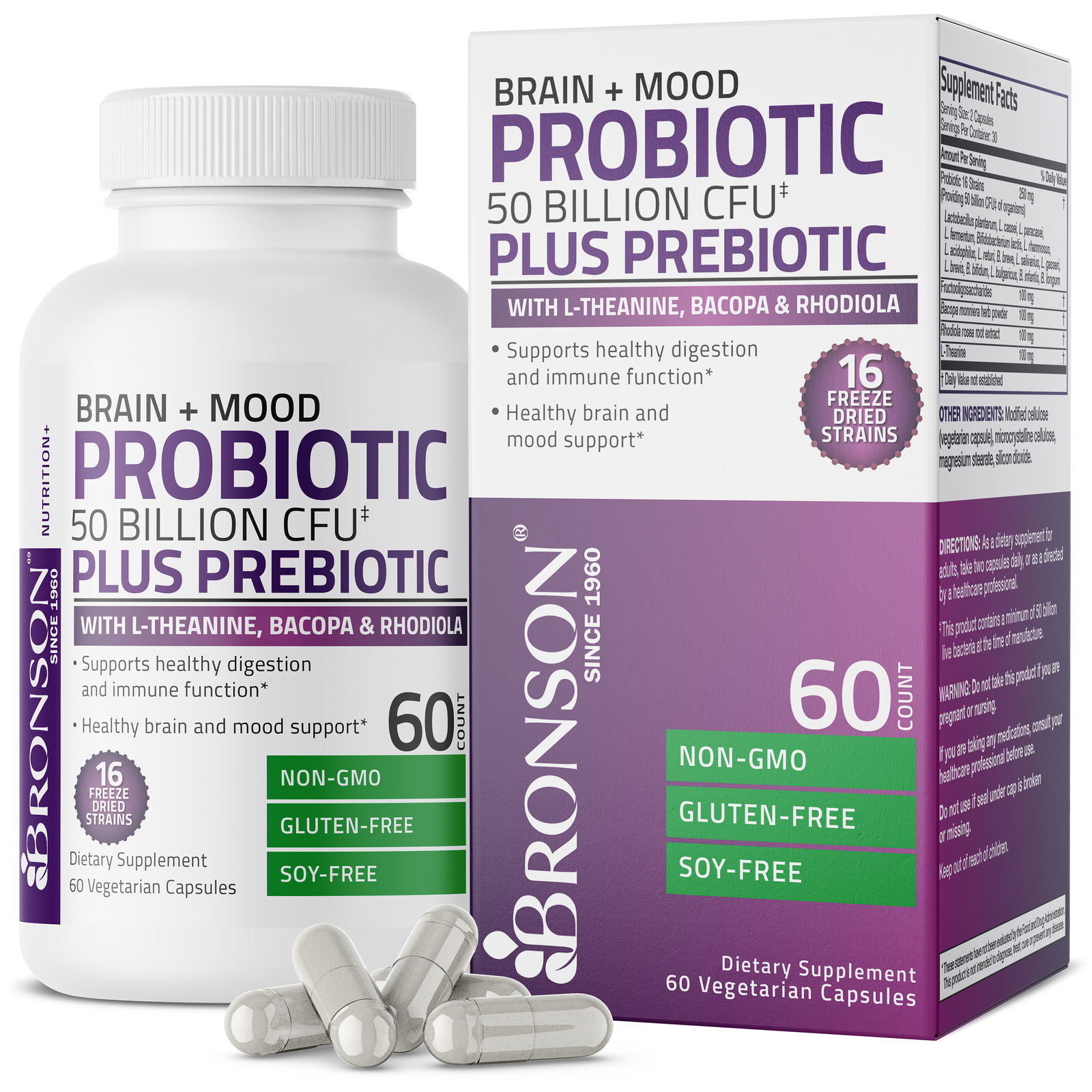 Bronson Brain + Mood Probiotic 50 Billion CFU Plus Prebiotic, 60 Veg Capsules