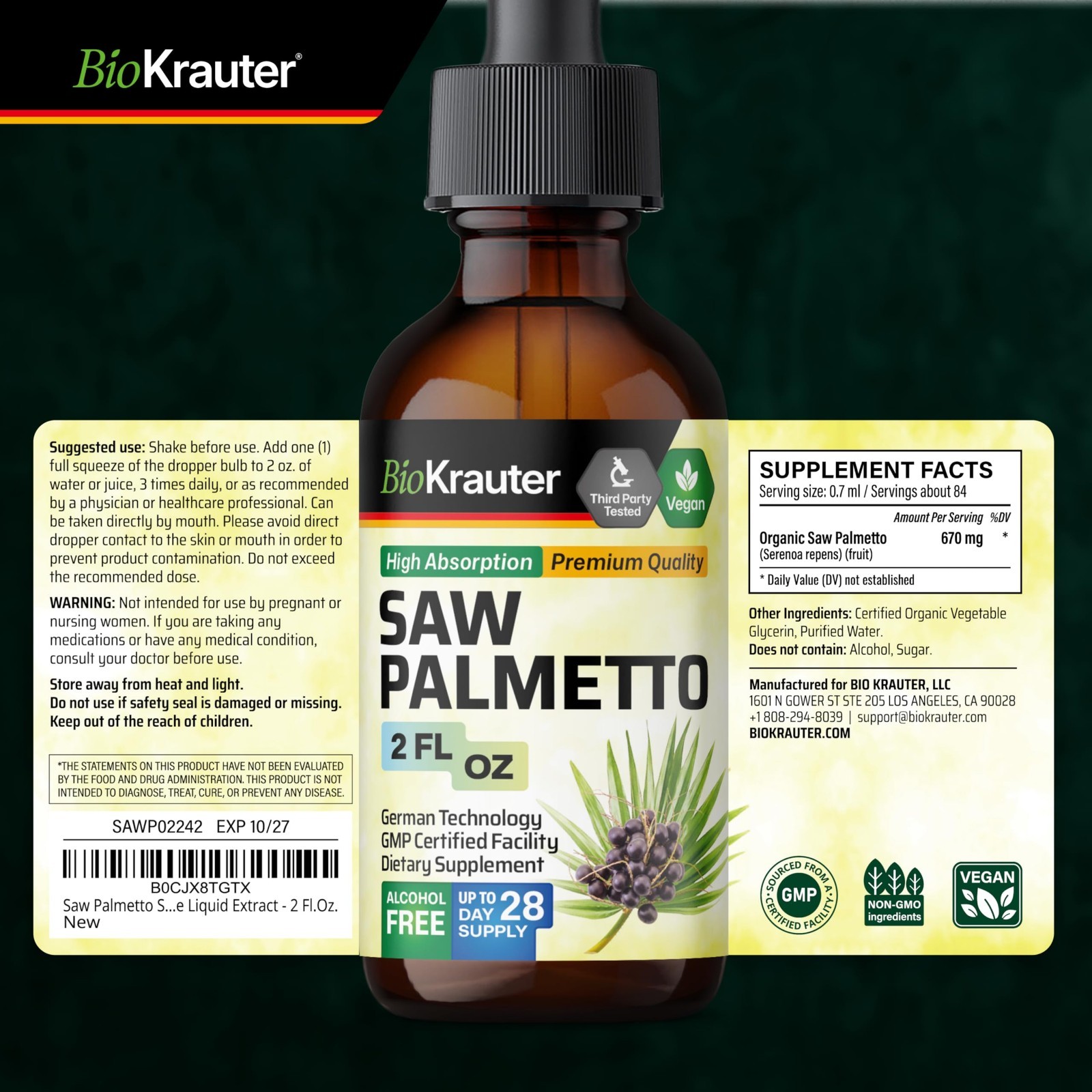 Saw Palmetto Liquid Drops 670mg – Vegan Hair & Skin Wellness, 28-Day Supply