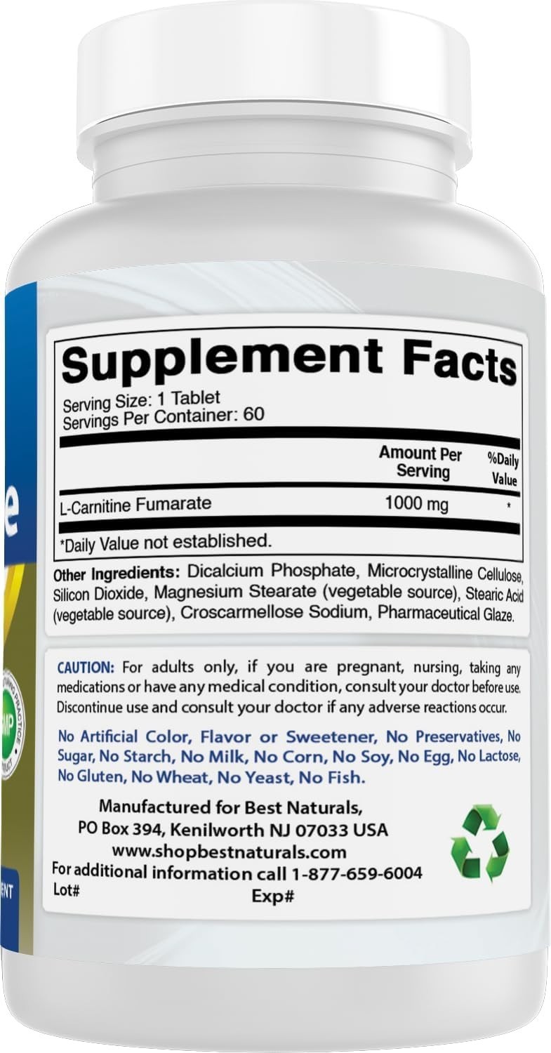 60 Count L-Carnitine 1000mg – GMO-Free, Lactose-Free Energy Management Tablets