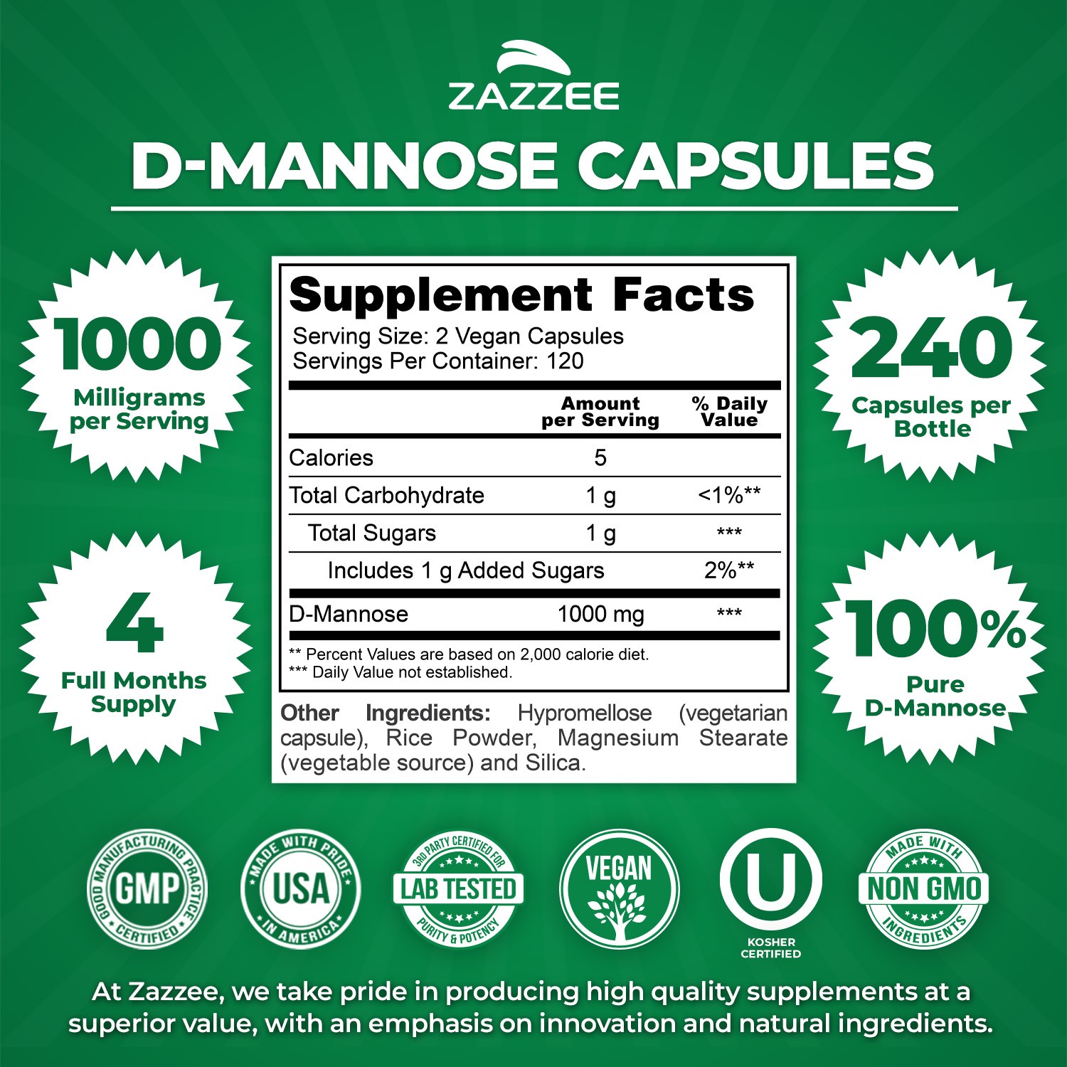 D-Mannose, 1000 mg per Serving, 240 Vegan Capsules, 4 Month Supply, UTI Support