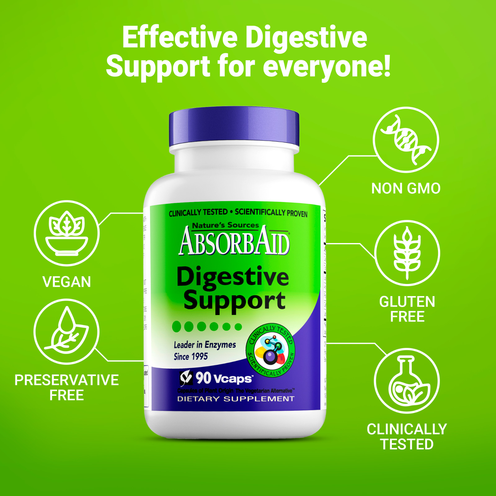 NEW AbsorbAid Natural Digestive Enzymes for gas, bloating & acid reflux 90 count