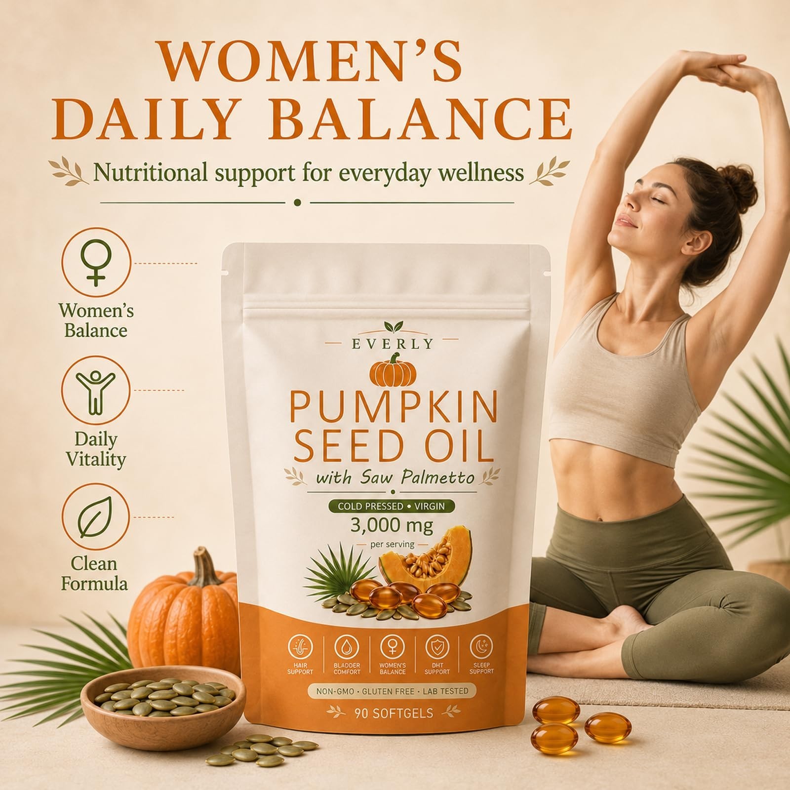 Pumpkin Seed Oil with Saw Palmetto, Cold Pressed Non-GMO, 90 Softgels for Hair &