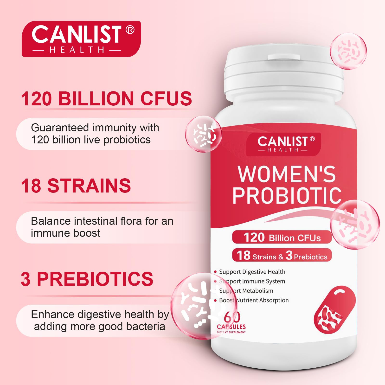 100 Billion Probiotics CFU Potency Gut Health Women 60 Capsules