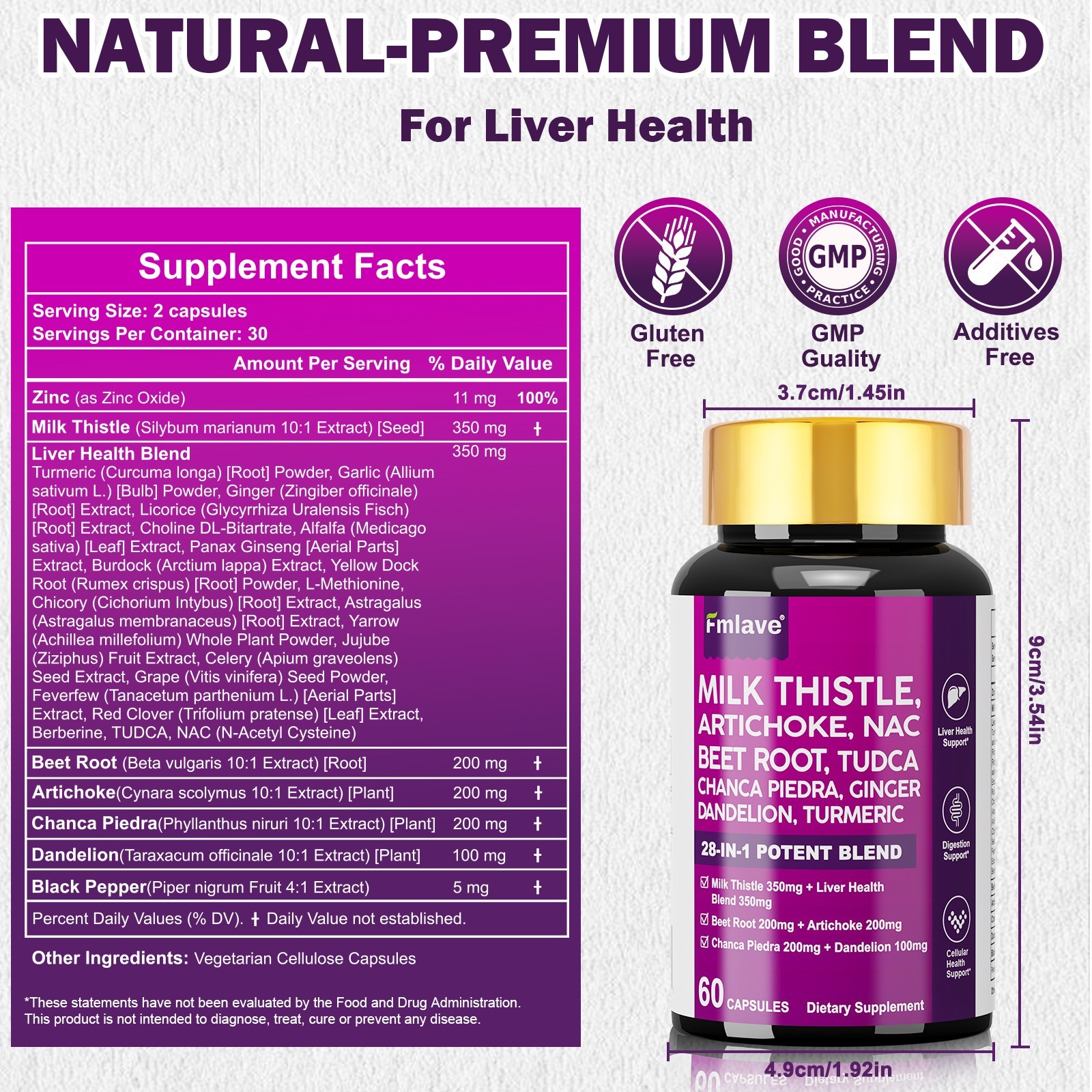 NAC Dandelion TUDCA 60ct Liver Detox Milk Thistle Beet Root Zinc Turmeric Ginger