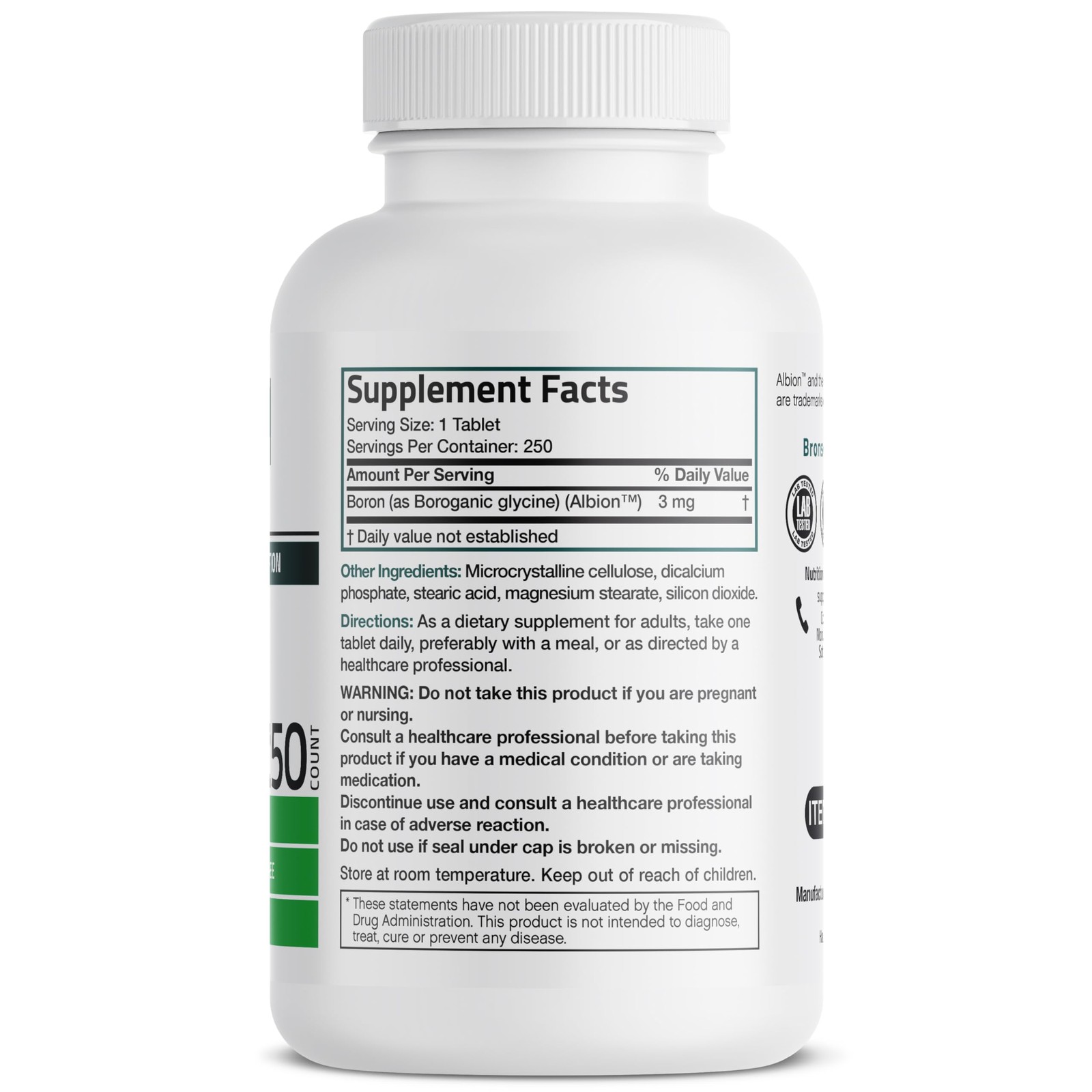 Bronson Boron 3 MG Chelated Superior Absorption 250 Count (Pack of 1)