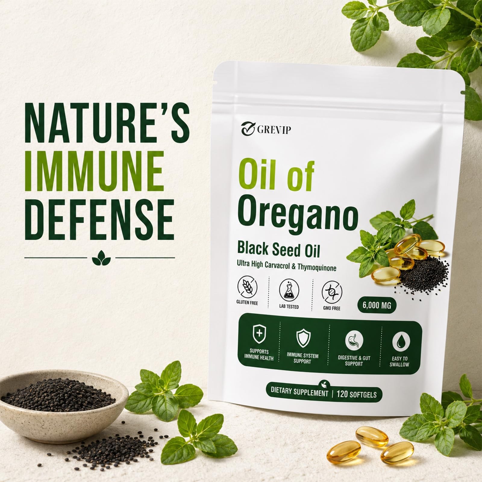 GREVIP Oil of Oregano Softgels with Black Seed Oil, 2 in 1 Count (Pack 1)