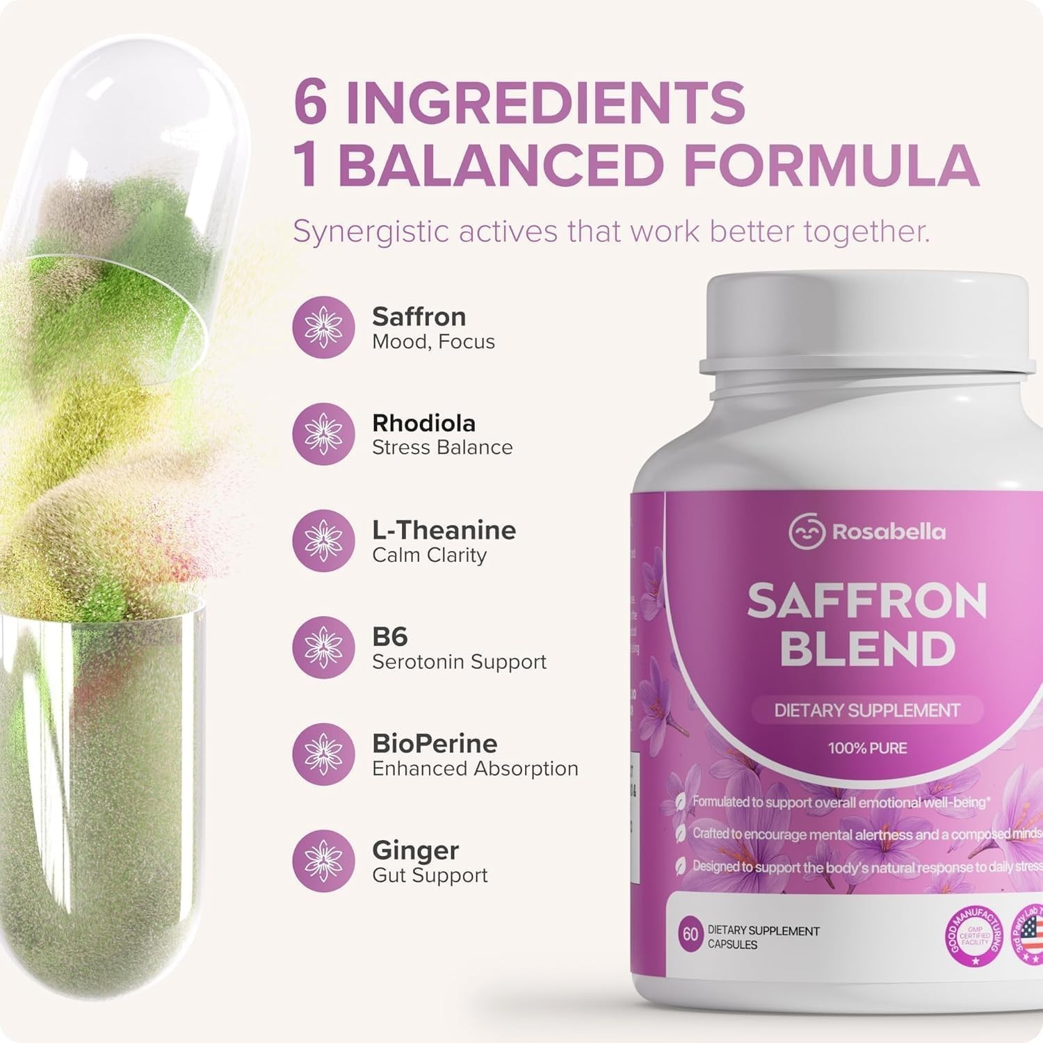 Rosabella Saffron Blend – 3-Pack (180 Caps) – Mood & Focus, Non-GMO