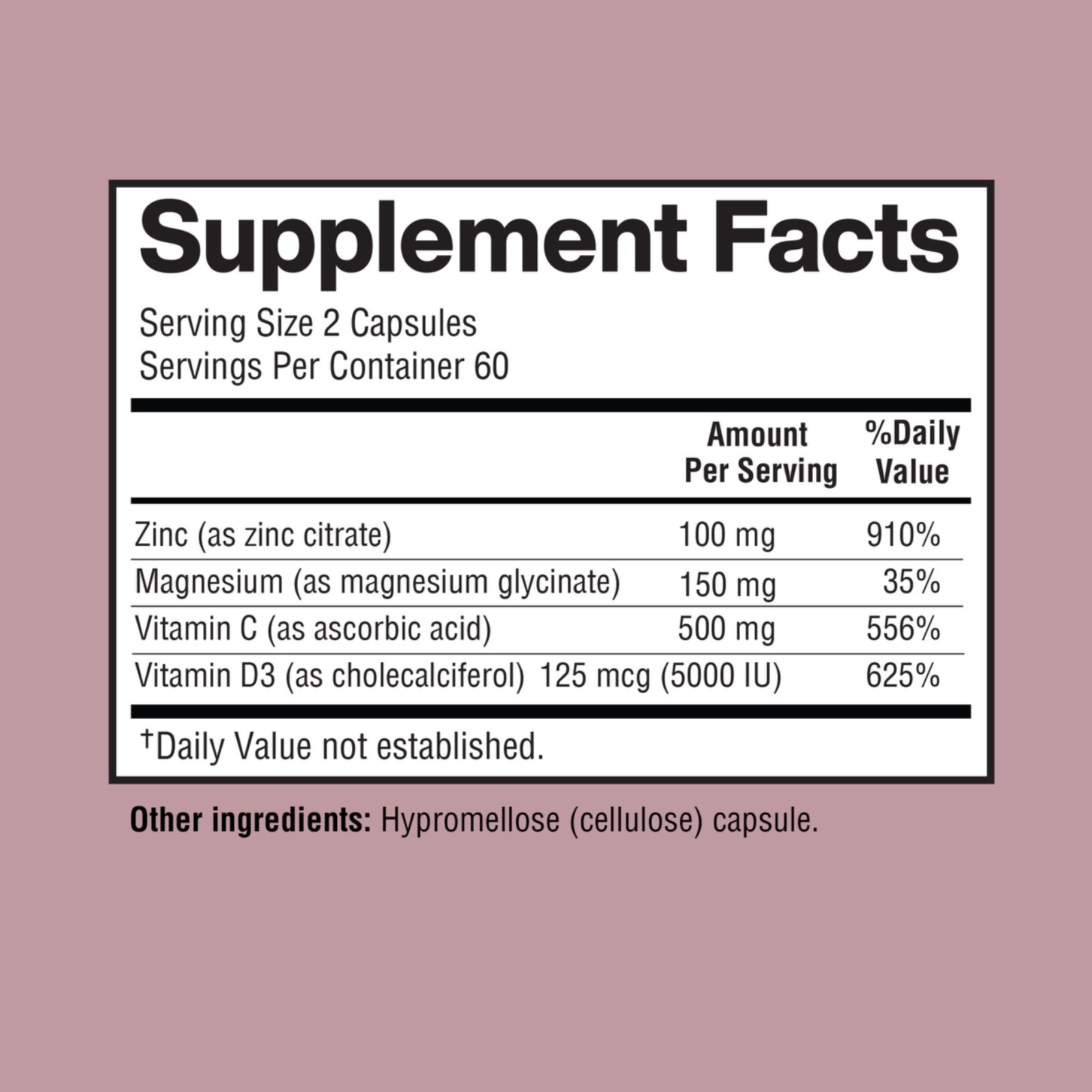 Zinc 100mg, Magnesium Glycinate 150mg, Vitamin D3 5000 IU, Vitamin C 500mg – 120