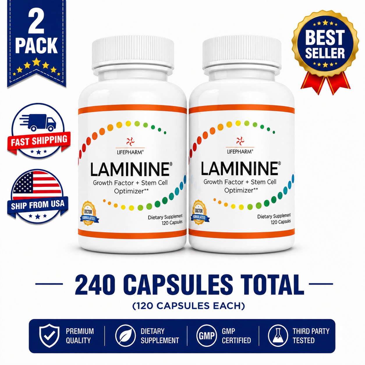 LifePharm Laminine 120 Capsules Each Daily Cellular Health Supplement | 2 Pack