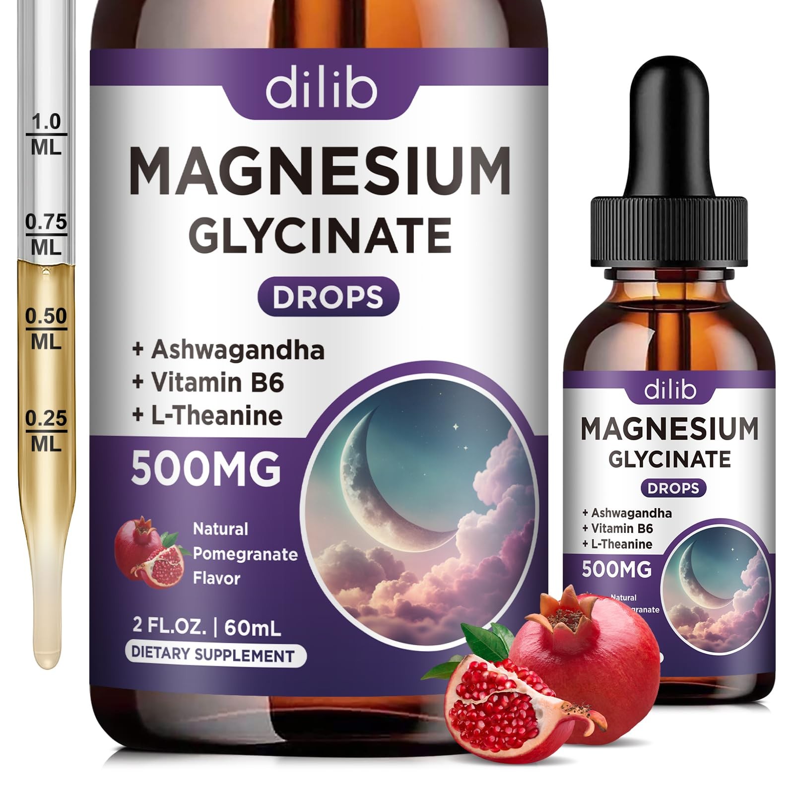 Magnesium Glycinate Liquid Drops 500mg, with Vitamin B6, 2 Fl Oz (Pack of 1)