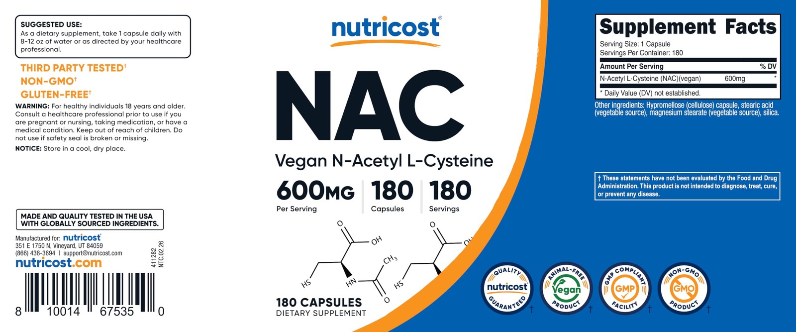 N-Acetyl L-Cysteine (NAC) 600mg, 180 Capsules 180 Count Gluten Free