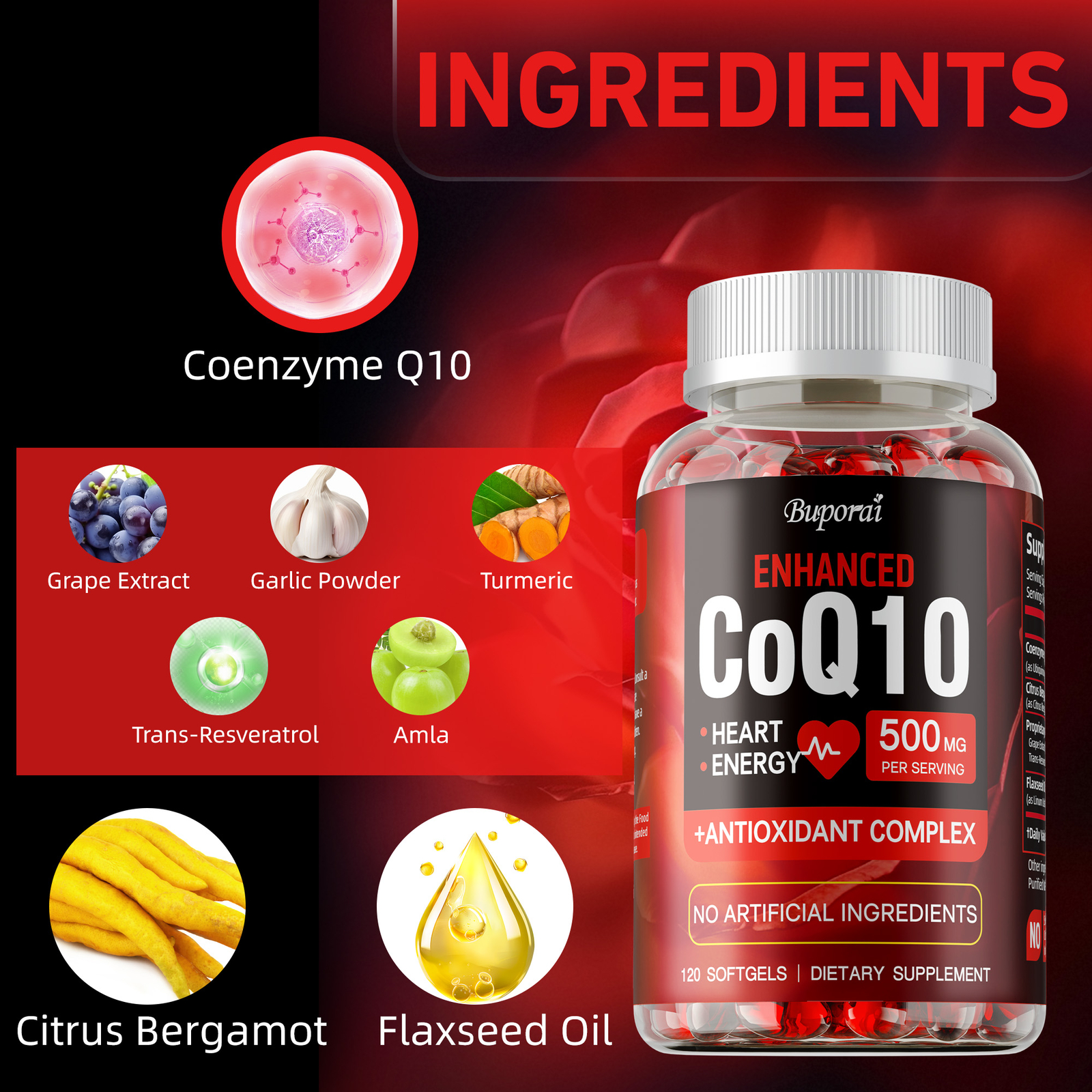 CoQ10 500mg – Antioxidant, Good for Heart Health and Energy Production,Non-GMO