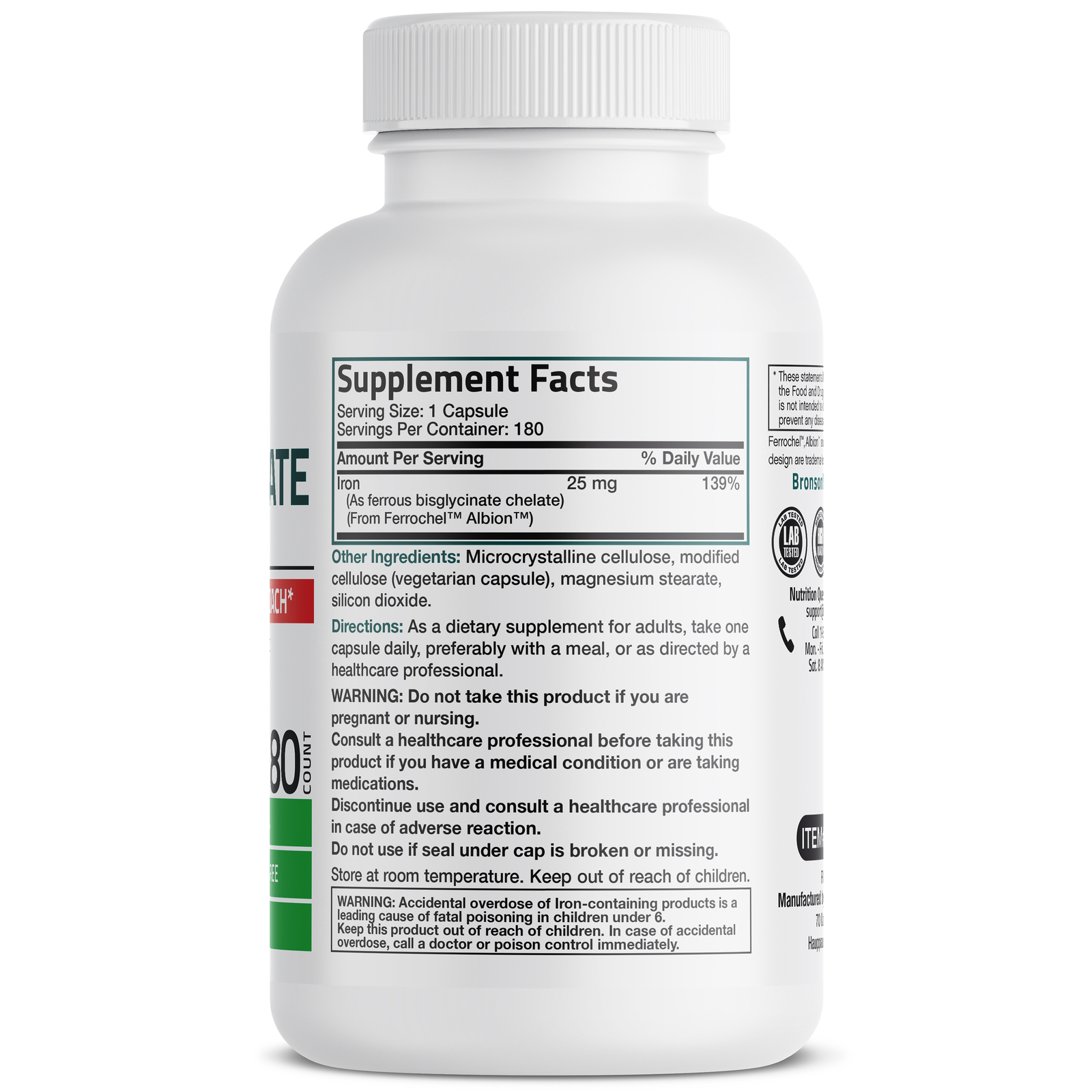 Bronson Iron Bisglycinate 25mg Supports Energy Non-Constipating 180 Veg Capsules