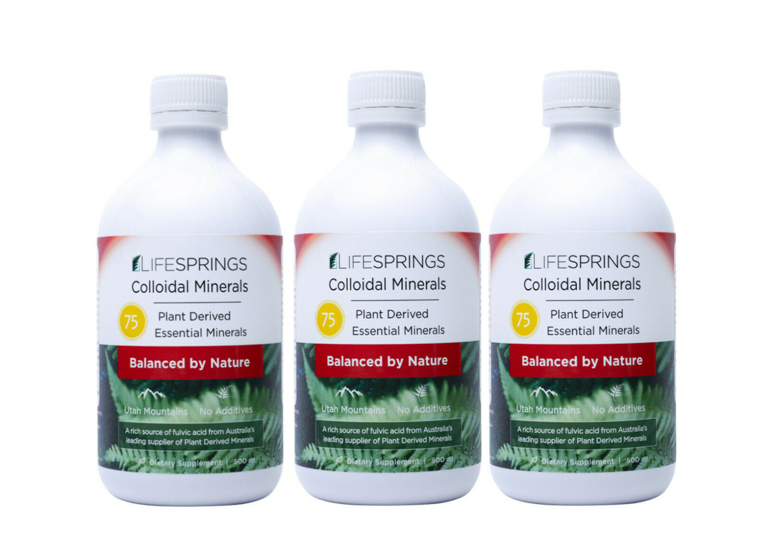 3 x LifeSprings Colloidal Minerals 75 500ml Pure Plant Derived Life Springs