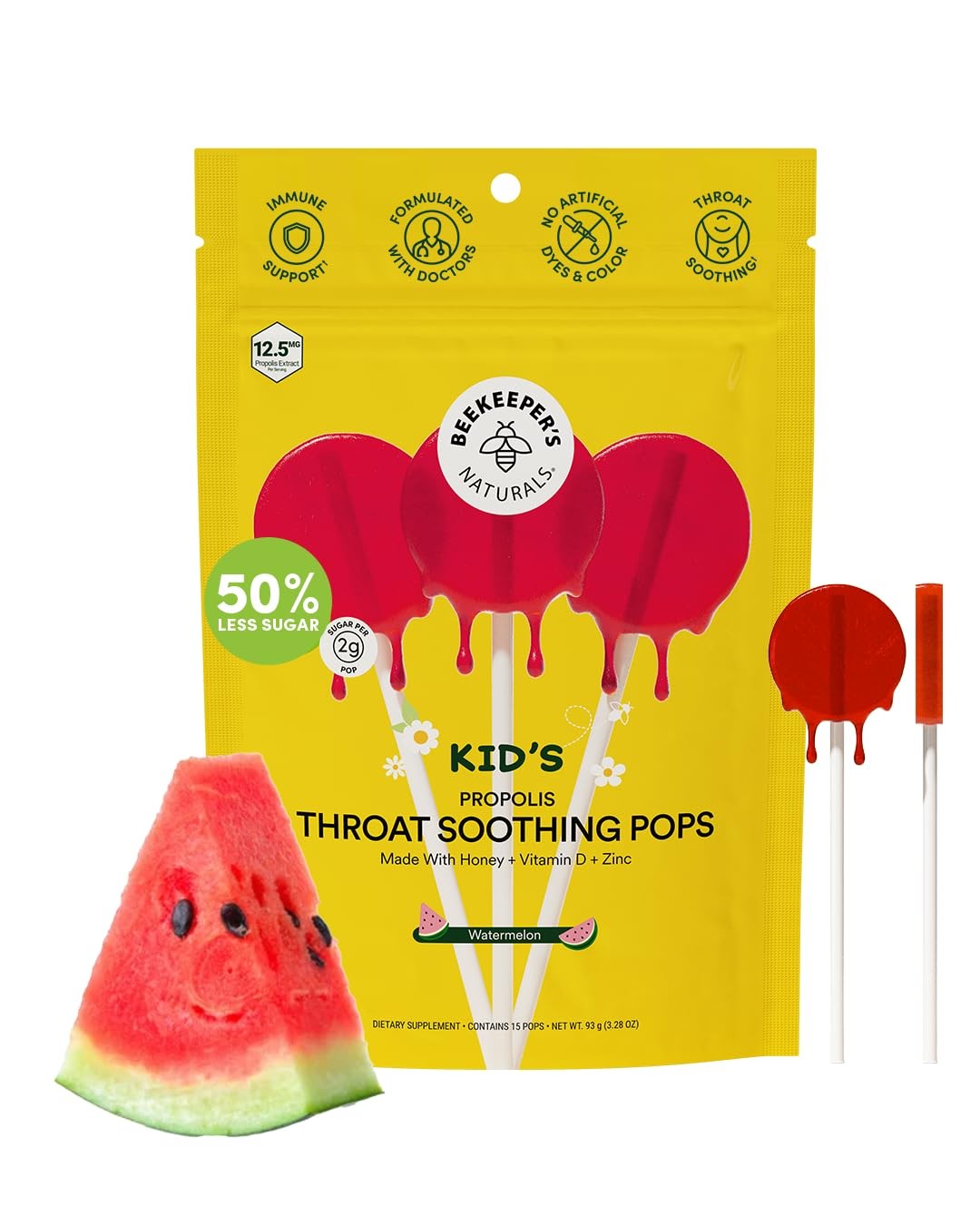 Kids Throat Soothing Watermelon Lollipops, by Beekeeper’s Naturals – 15 Count
