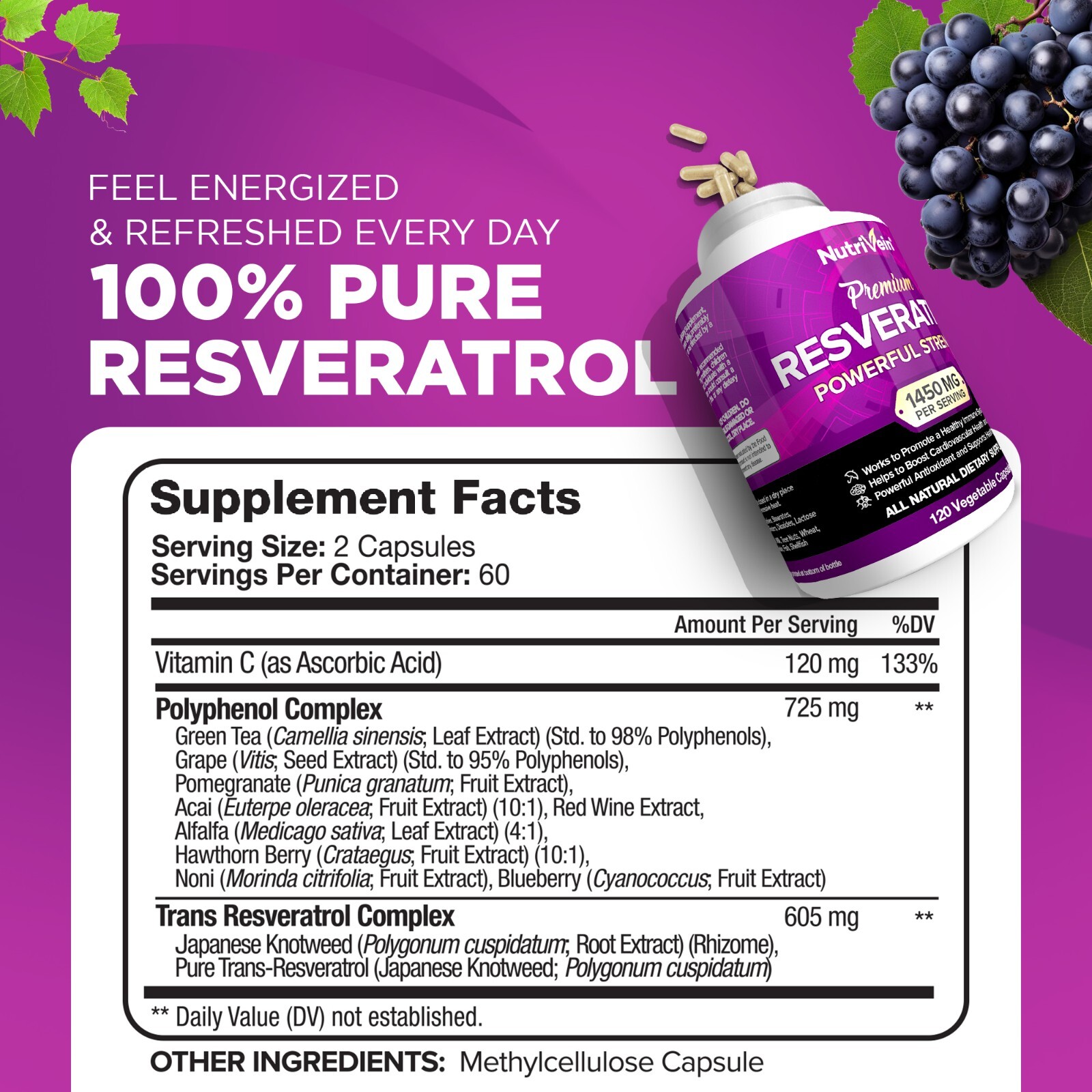 Nutrivein Resveratrol 1450mg – 120 Capsules – Anti-Aging Antioxidant Supplement