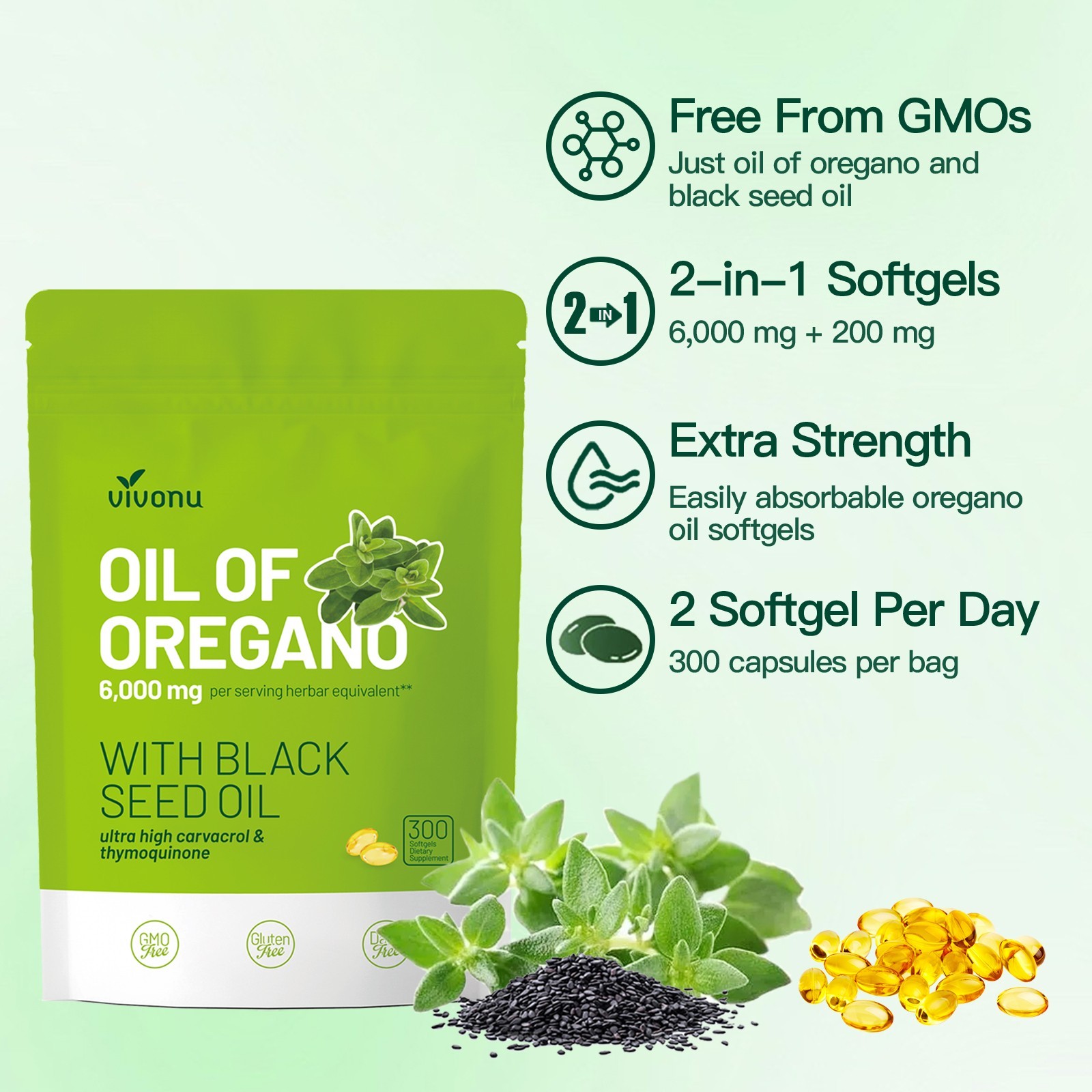 2 in 1 Oil of Oregano Black Seed Softgels Count with Carvacrol,Immune Support