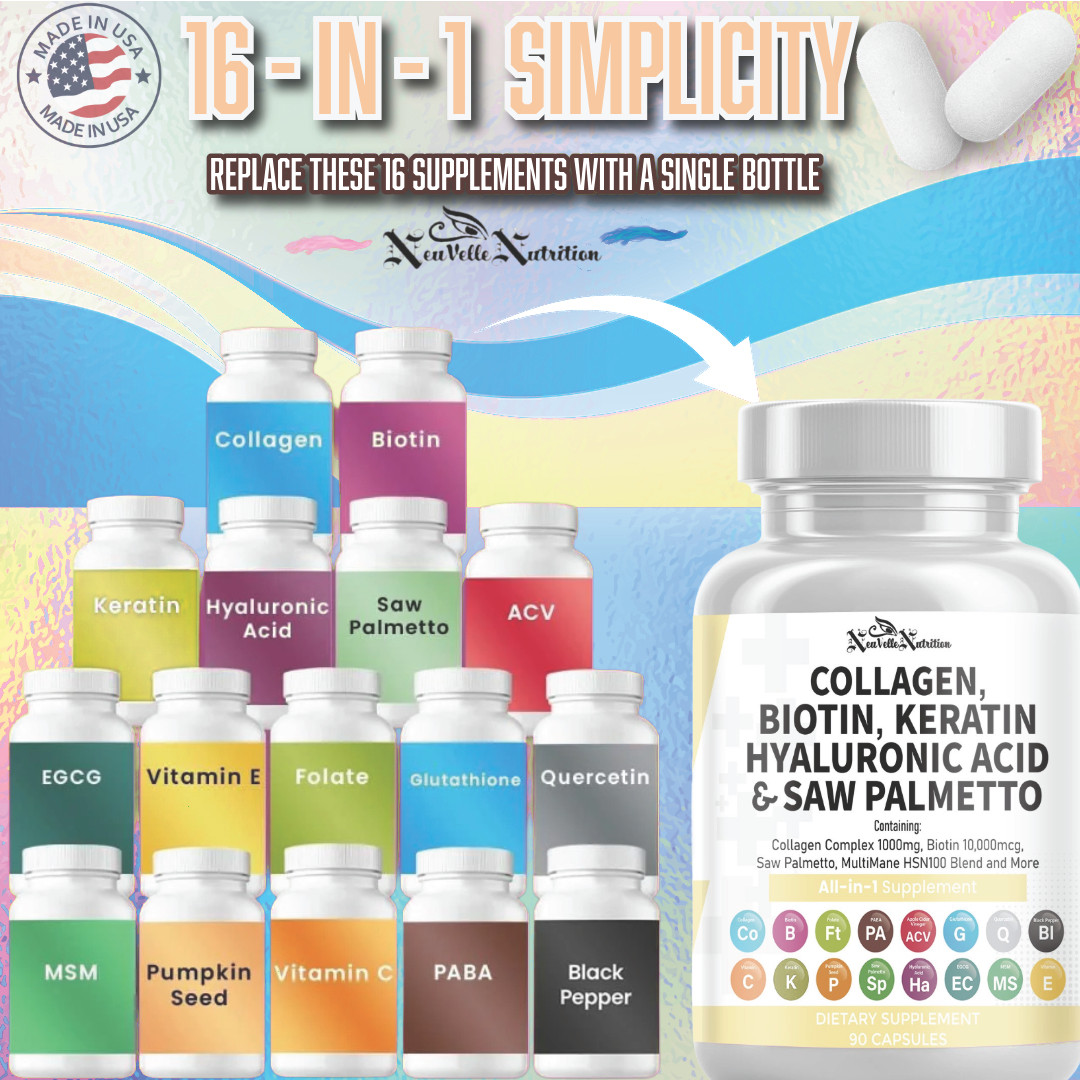 Collagen, Biotin, Keratin, Hyaluronic Acid, Saw Palmetto, Vitamin C PABA 90 CAPS