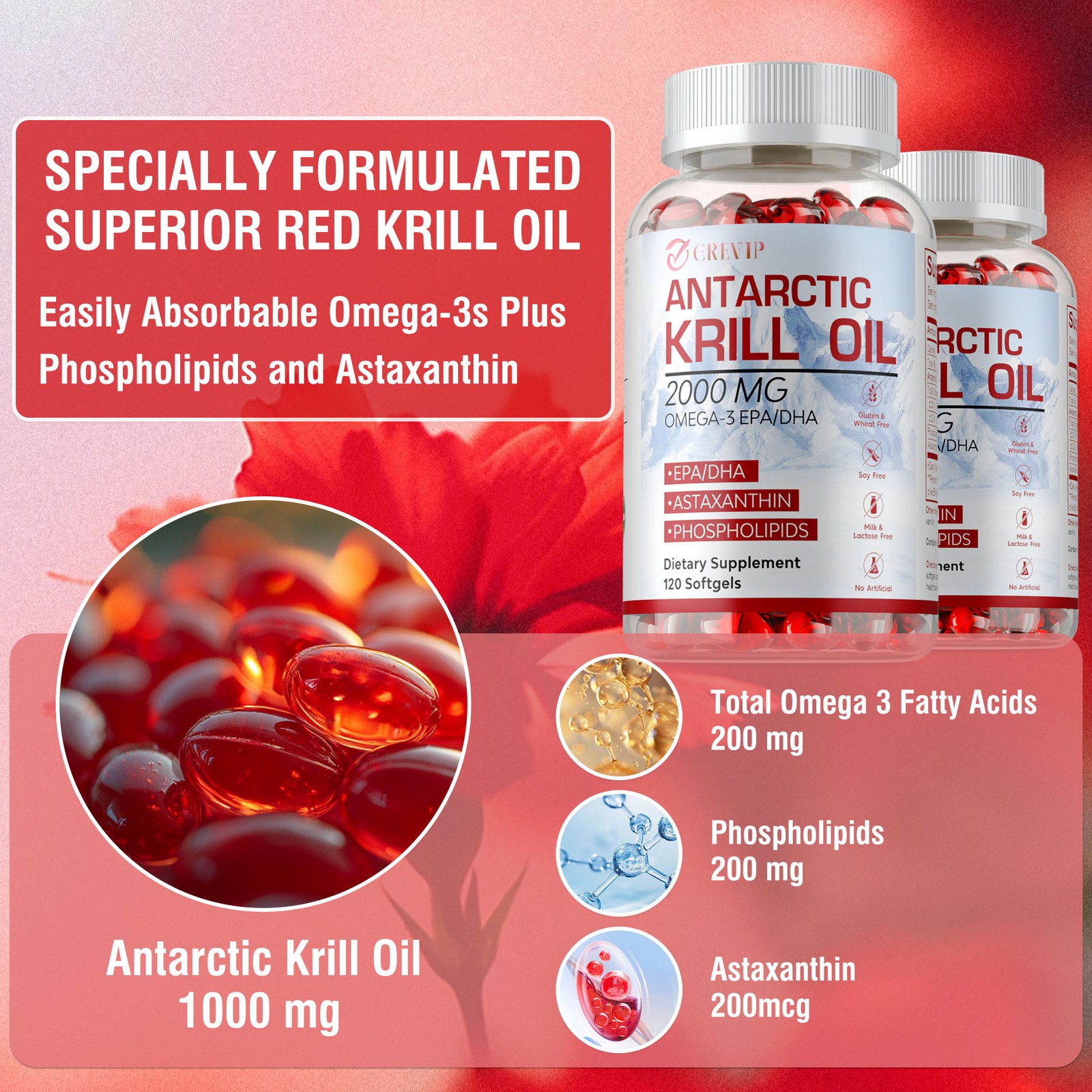 Antarctic Krill Oil Capsules – with Omega-3 EPA,DHA,Astaxanthin & Phospholipids