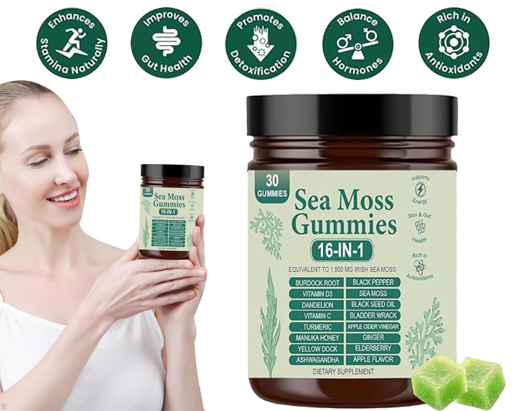 Sea Moss Gummies 16-in-1, Sea Moss mix with Black Seed Oil-Green Apple Flavor