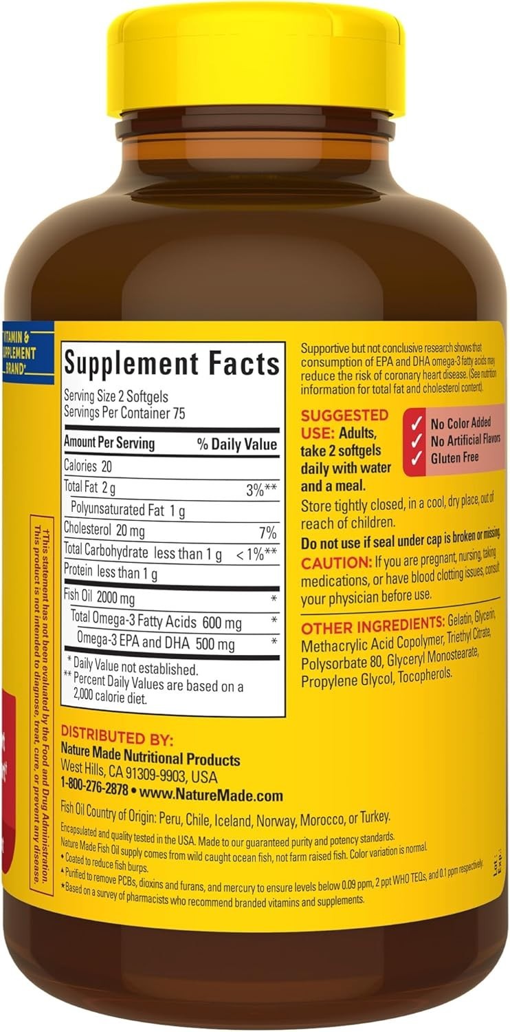 Heart Wellness Omega 3 Fish Oil Softgels – 1000mg, 150 Count Daily Support