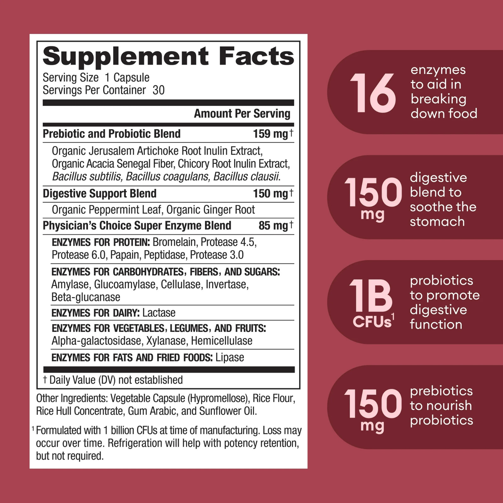 Physician’s Choice Digestive Enzyme Blend Prebiotics + Probiotics 60 Capsules