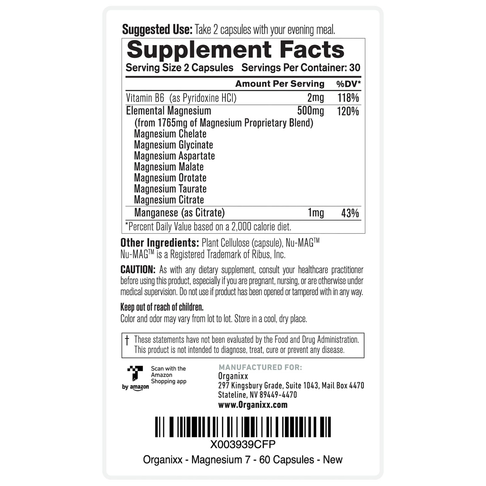 Organixx Magnesium 7 Supplement, Natural 60 Count (Pack of 3)