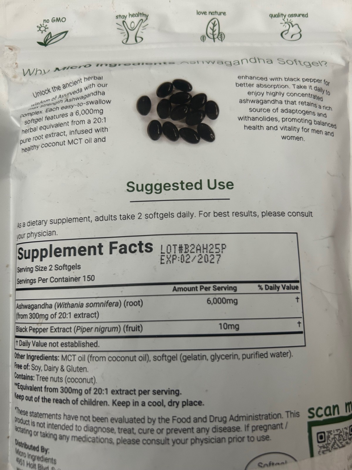 Micro Ingredients Ashwagandha Made with MCT Oil 300 Softgels Sealed Exp 02/2027