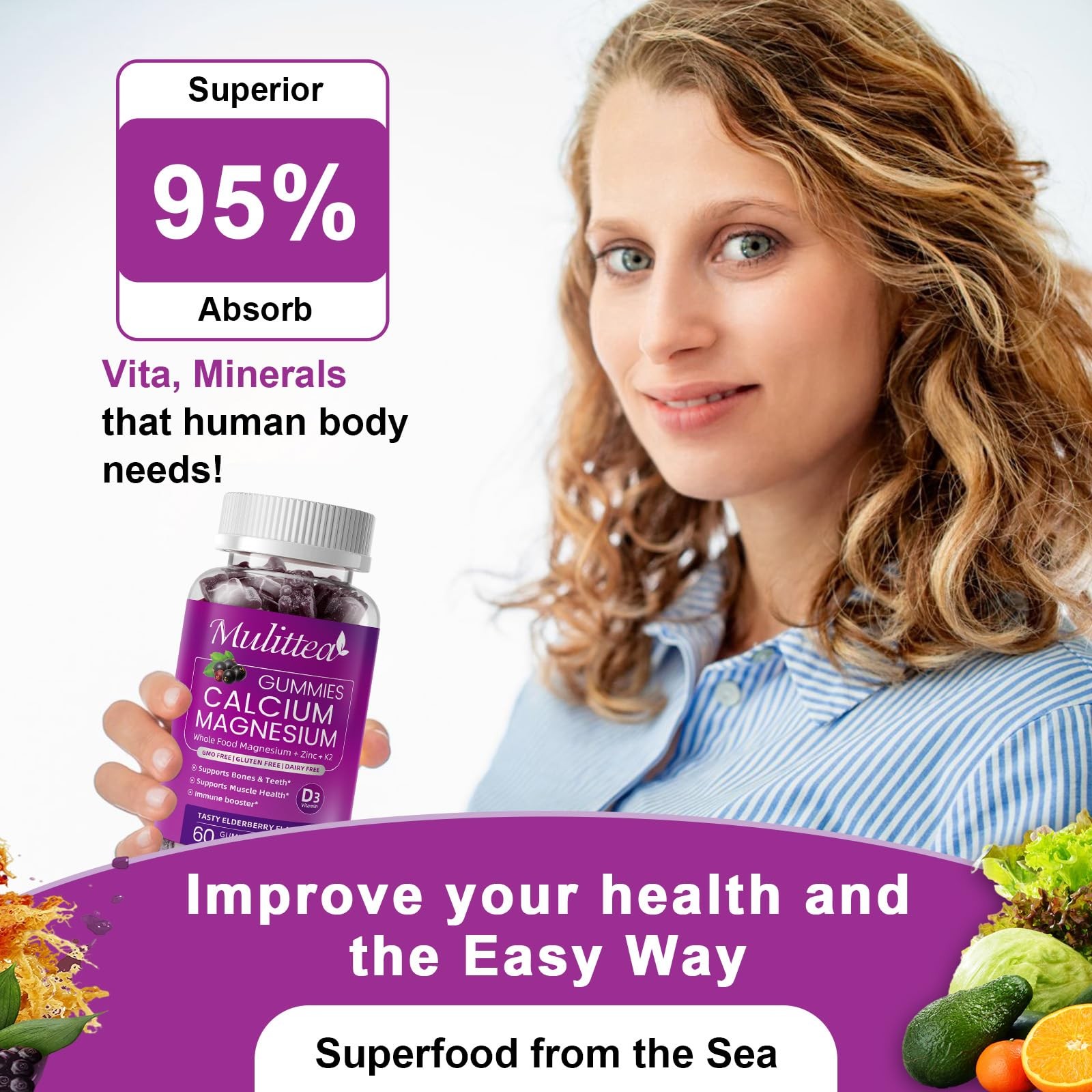 Plant Based Calcium Supplement with Vitamin 60 Count (Pack of 2), 2 Pack