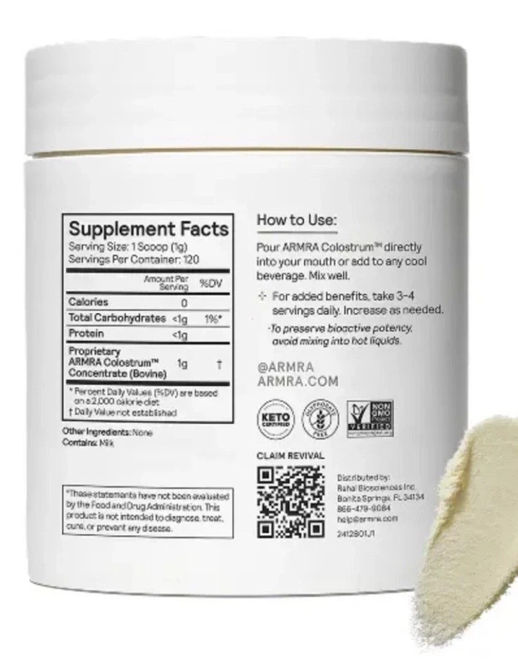ARMRA Colostrum Health Revival Unflavored 120g Servings Powder Supplement