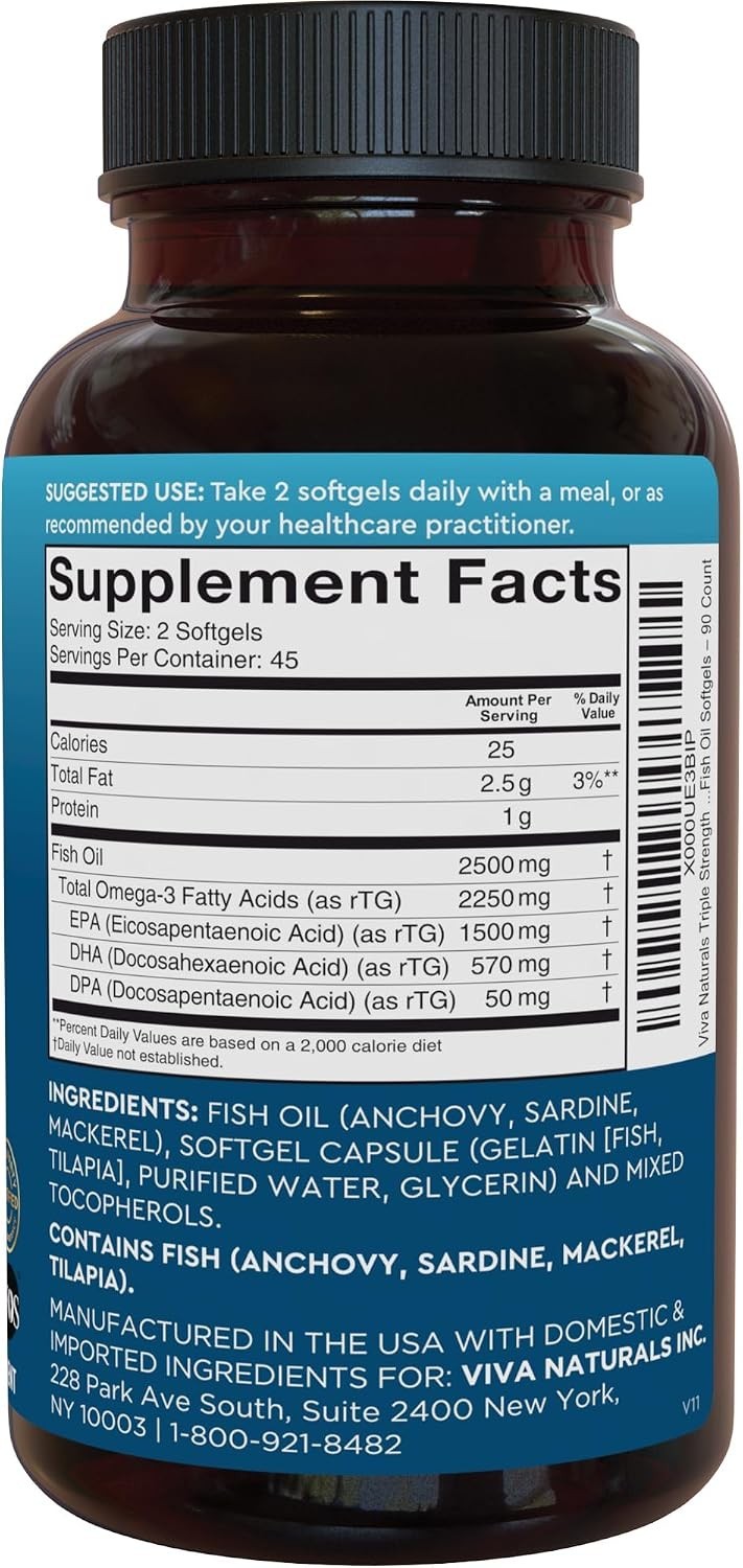 Triple Strength Pure Omega-3 Fish Oil, 2500 mg for Heart & Brain Health, 90 S…