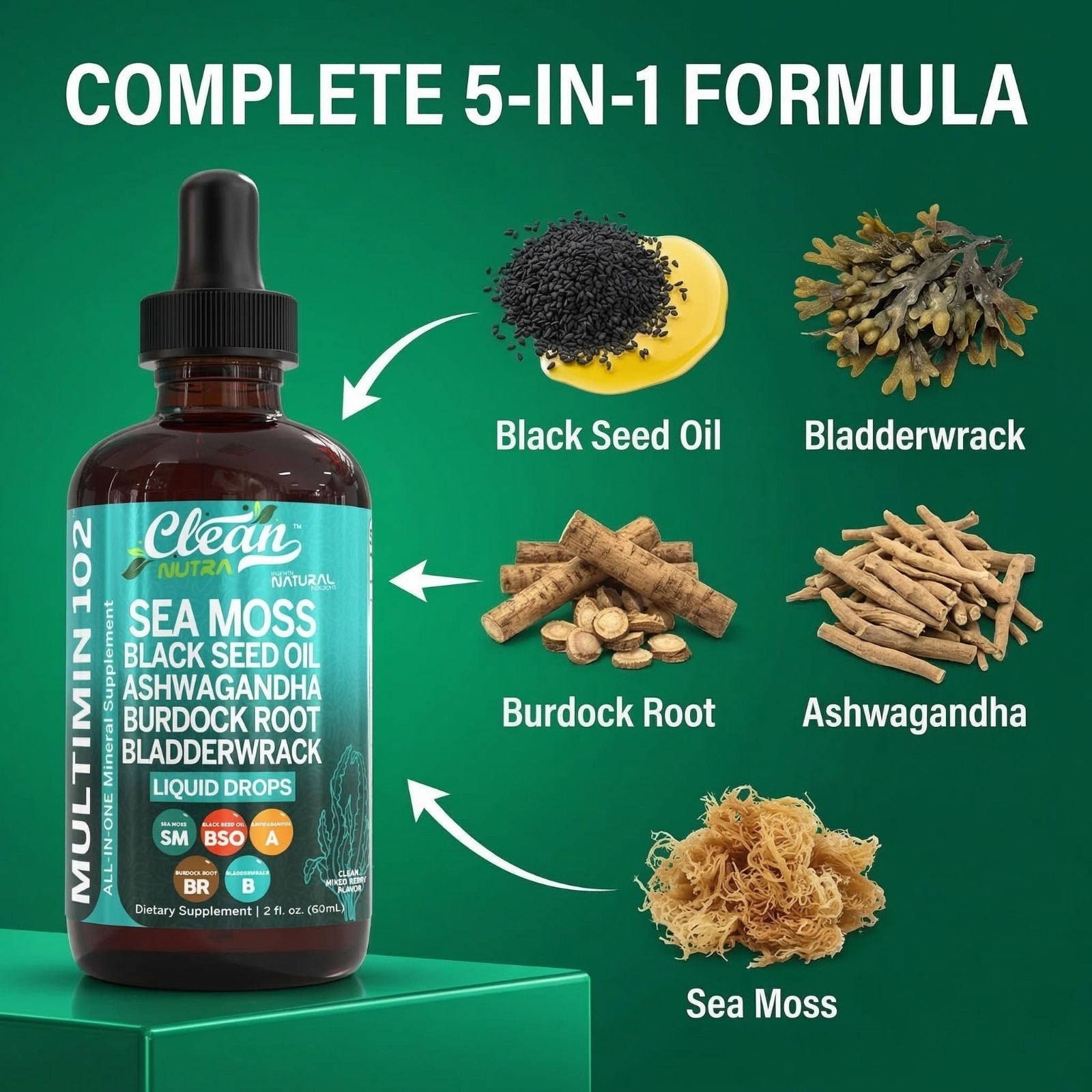 Organic Sea Moss Drops with Black Seed Oil, Ashwagandha & Burdock Root – Vegan M