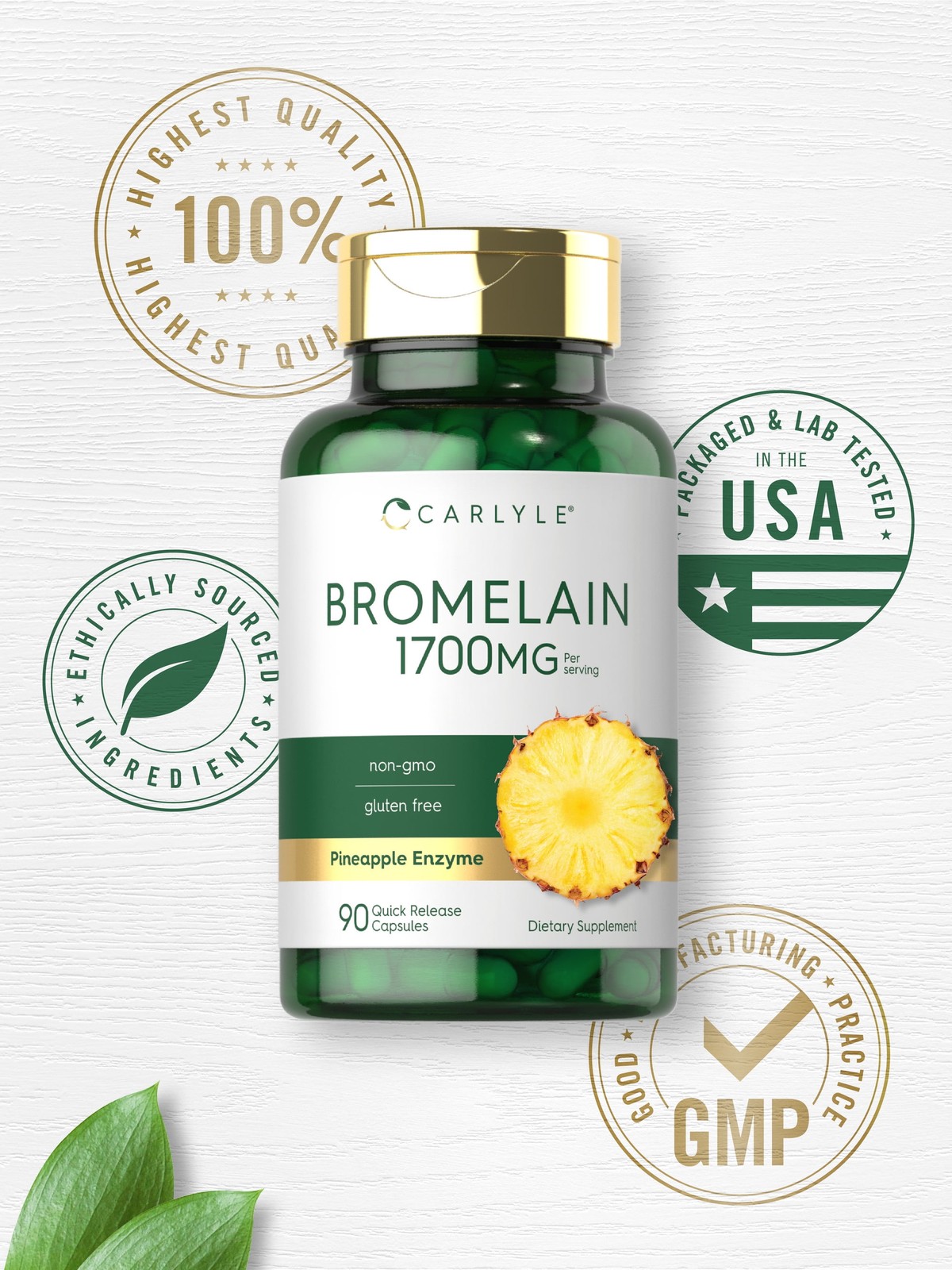 Bromelain 1700 Mg | 90 Capsules | Pineapple Enzyme Supplement | Non-Gmo, Gluten