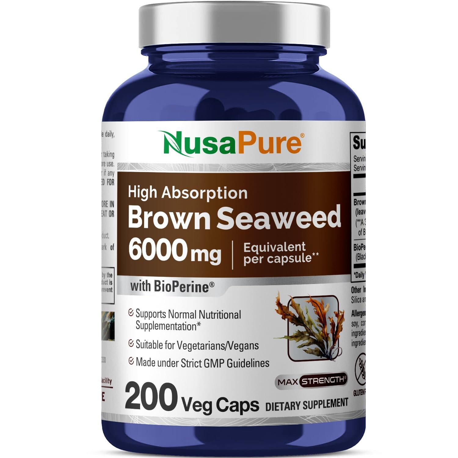 NusaPure Brown Seaweed Extract 6,000 mg with Bioperine – 200 Veggie Capsules