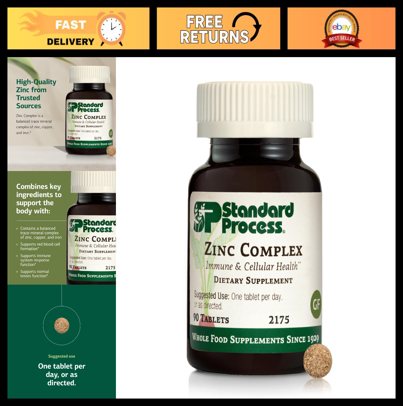 Zinc Complex for Enzyme Function & Immune Support – Gluten-Free, Non-Dairy, 90 T