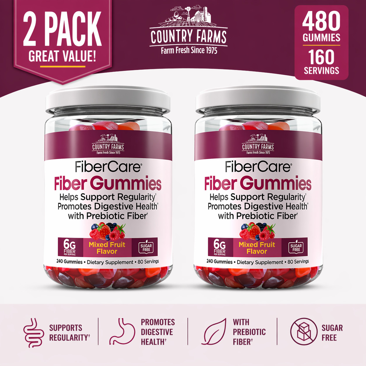 2-Pack Country Farms Fiber Care Gummies, 240 Gummies