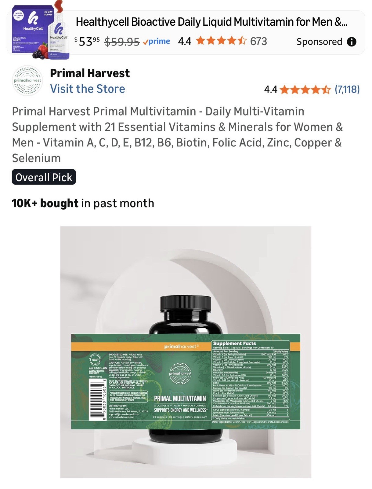 Primal Harvest Multivitamin Capsules 30 Count Unisex Adult Energy Support