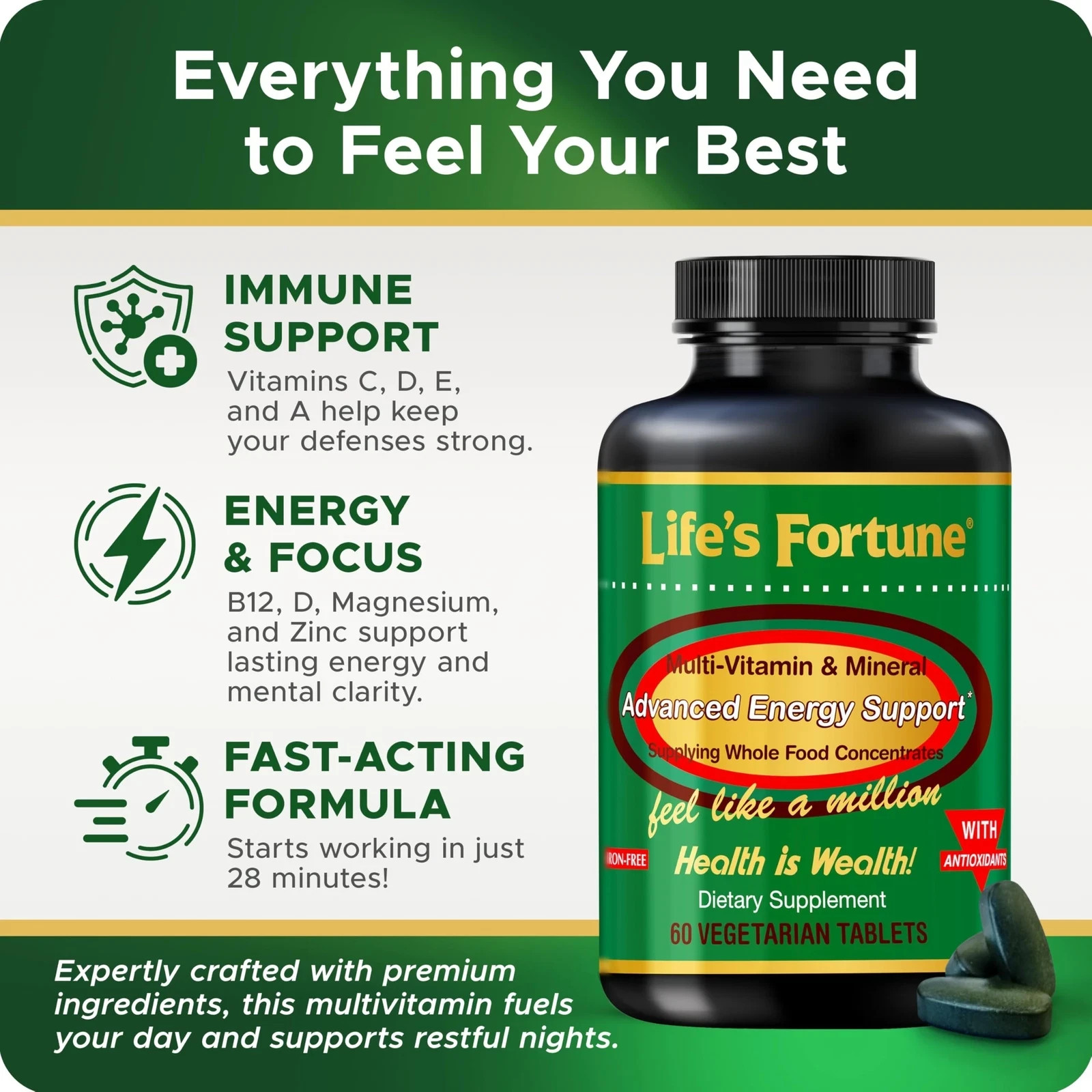 Life’s Fortune Multivitamin & Mineral 60 Tablets All Natural Energy Source Su…