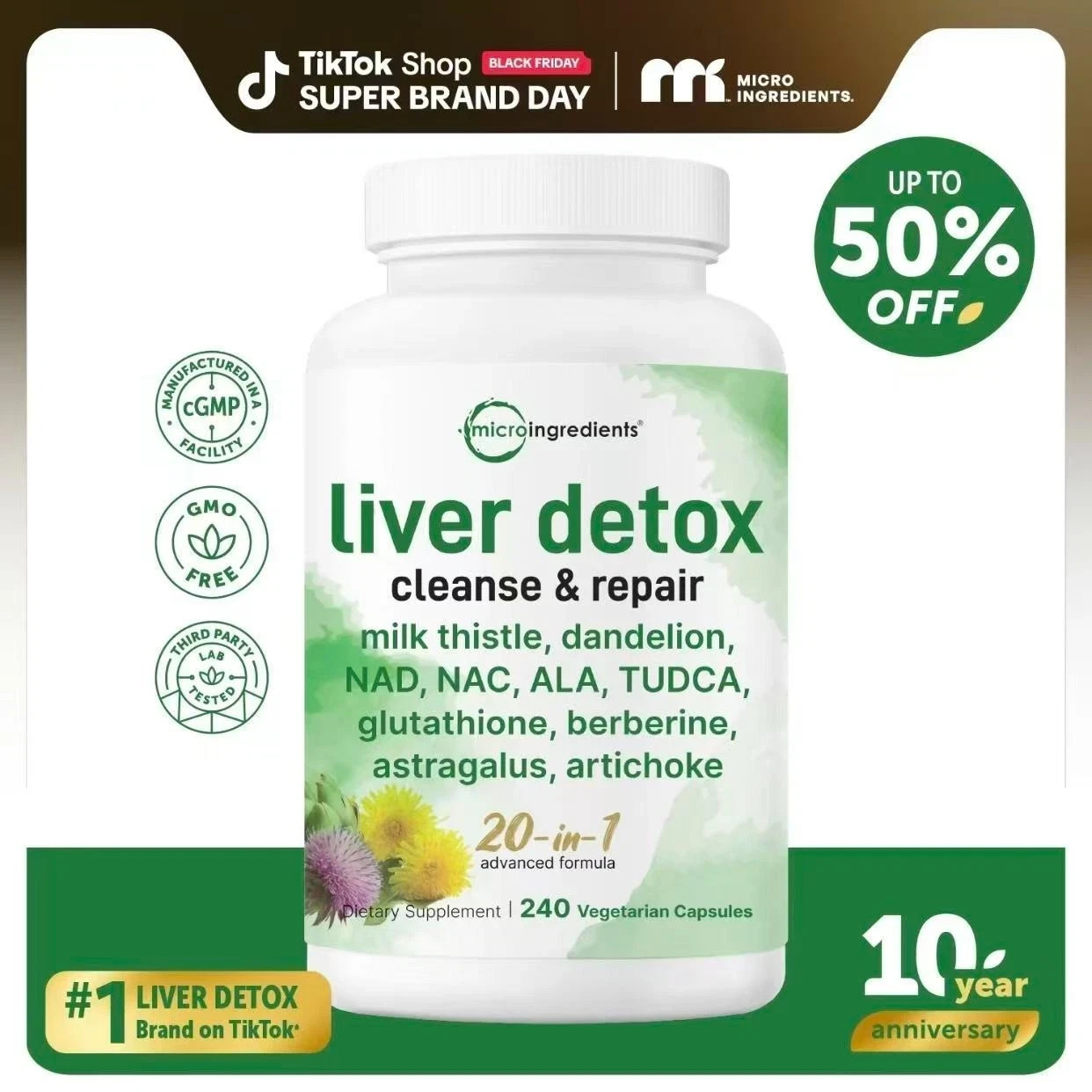 Micro Ingredients Liver Detox,240 Veggie Capsules,20-in-1 Advanced Assistance