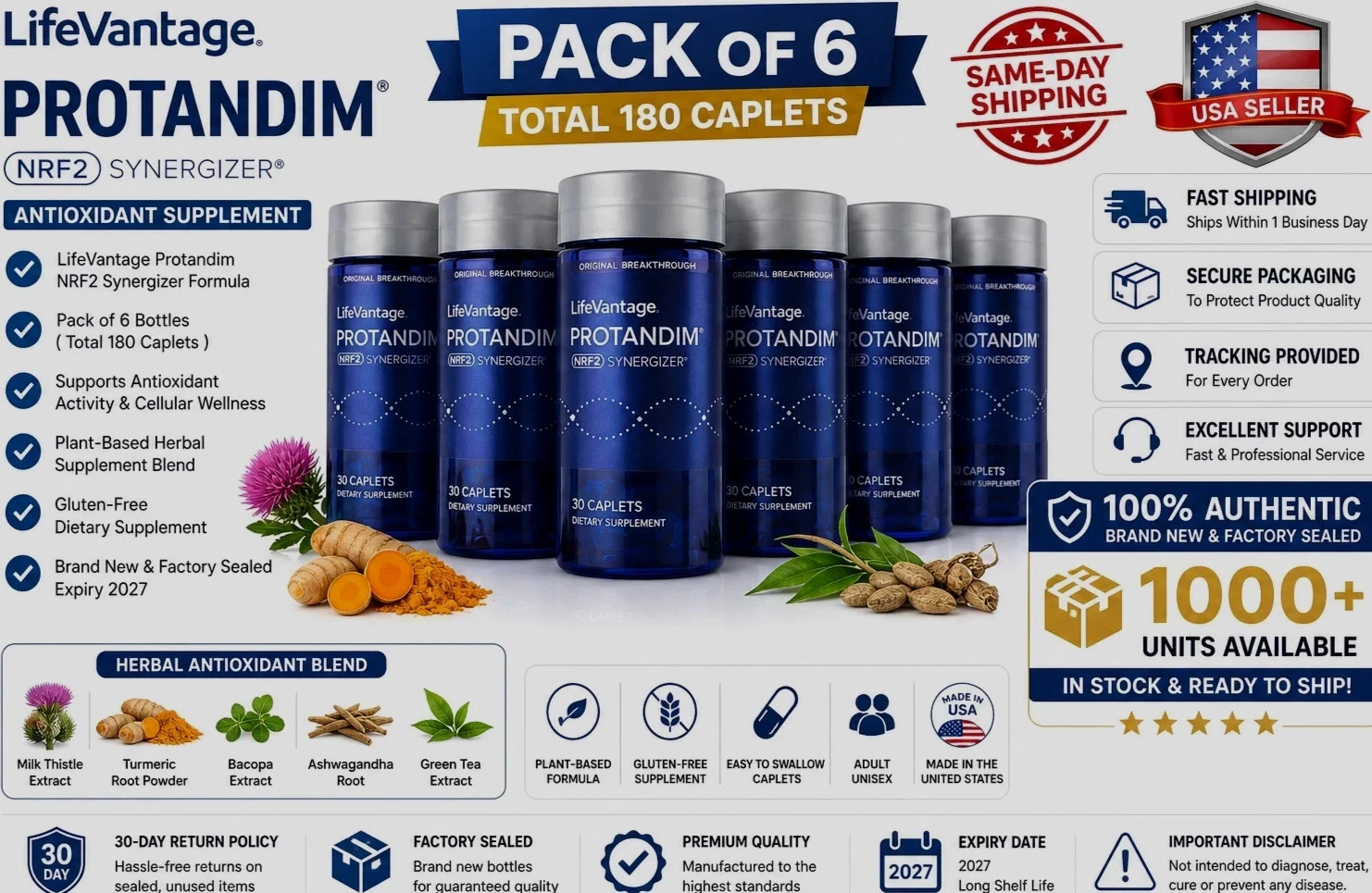 LifeVantage’ Protandim NRF2 Synergizer 180 Caplets Pack of 6(180 Caplets) Sealed