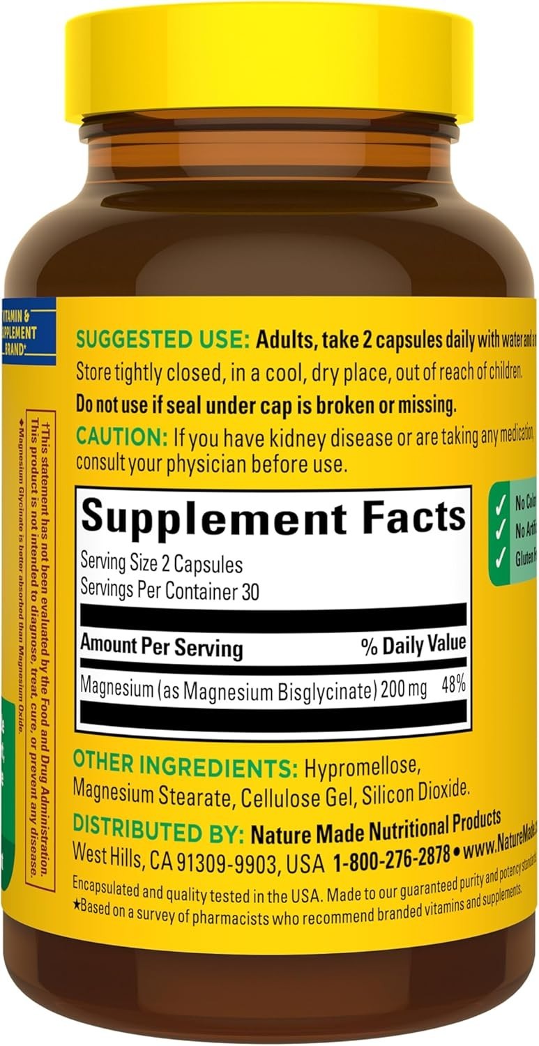 Nature Made Magnesium Glycinate 200 mg Per Serving Capsules, Dietary Supplement