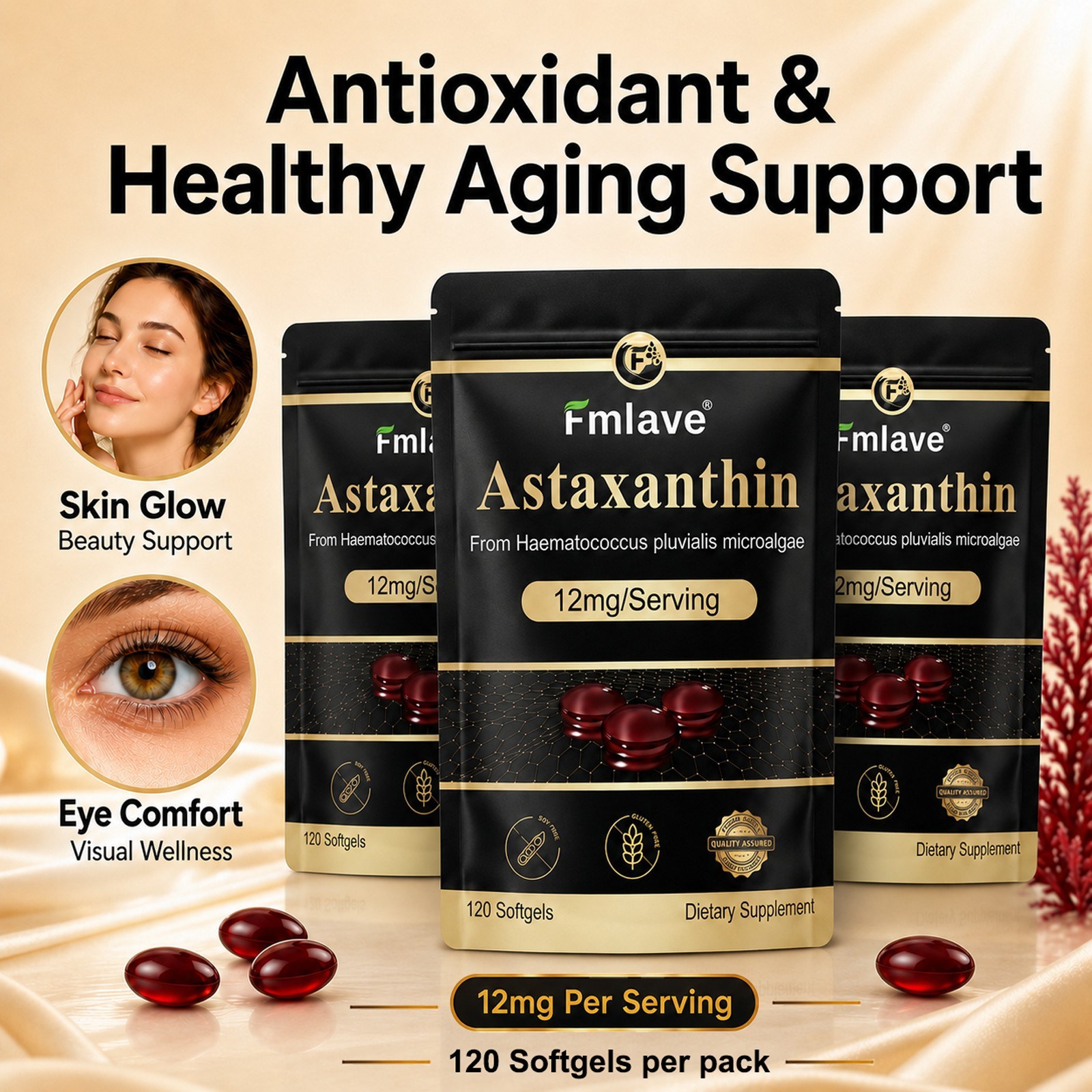 3pack Micro Ingredients Astaxanthin 12mg, 360 Softgels, Natural Antioxidant Skin