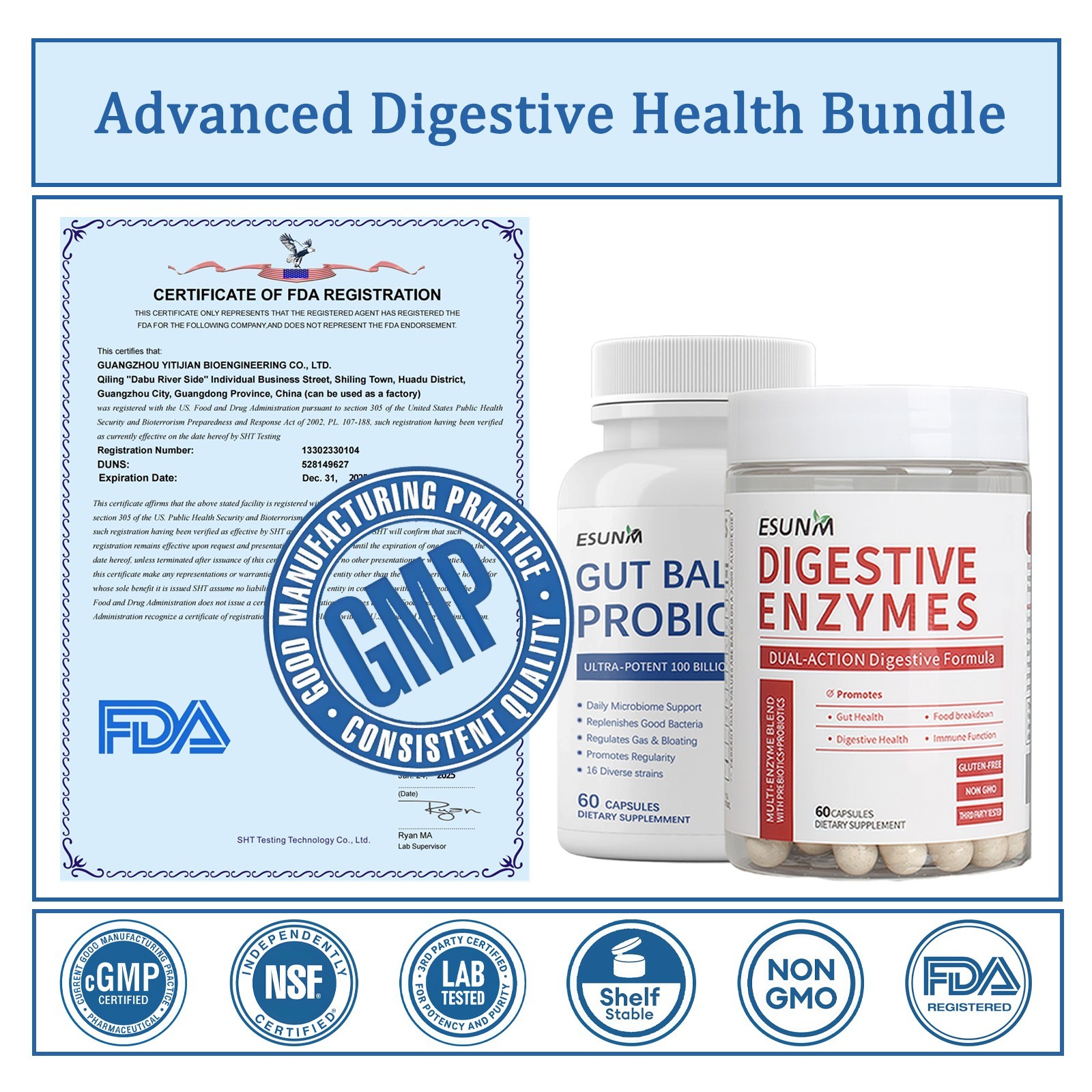ESUNM Value Digestive Bundle (2-Pack): Digestive Enzymes 60ct + Probiotics 60ct