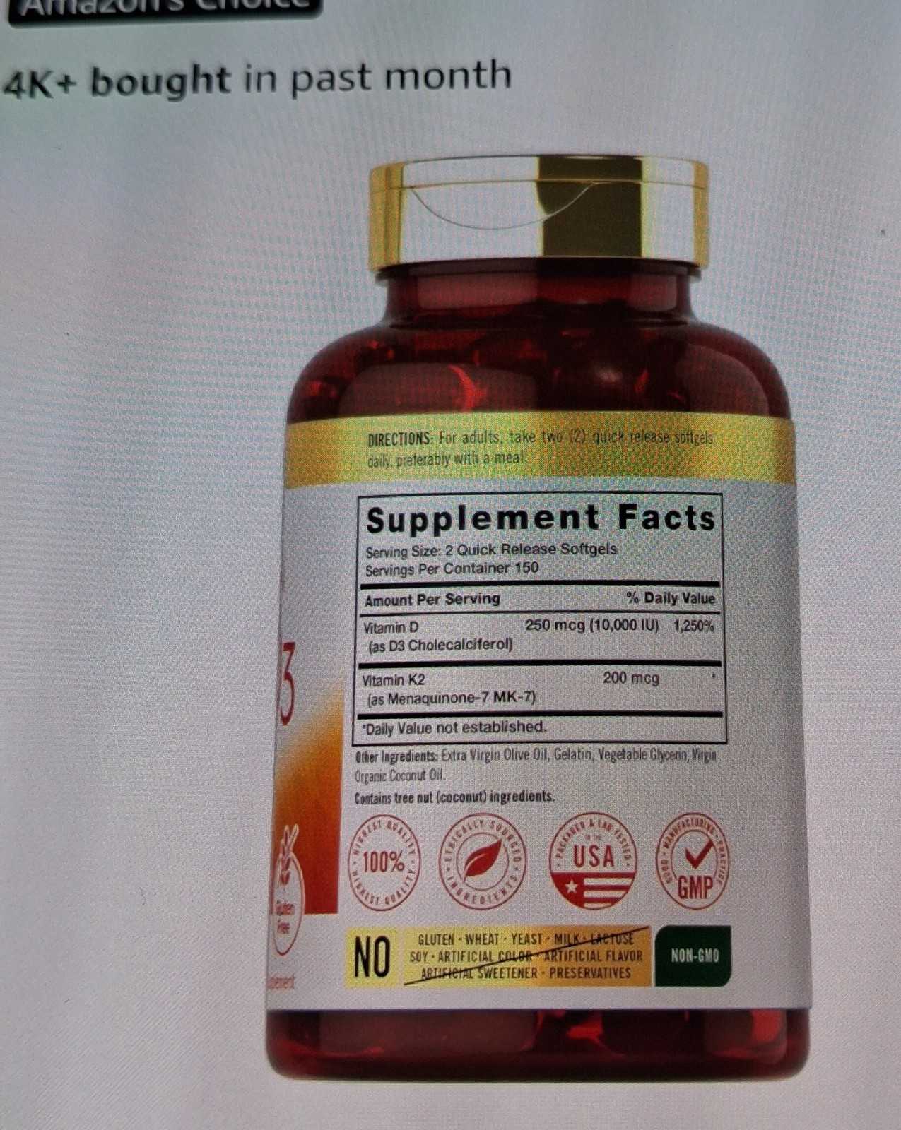 Carlyle Vitamin K2 + D3 250 mcg (10,000 IU) Softgels 300 Count, Gluten-Free
