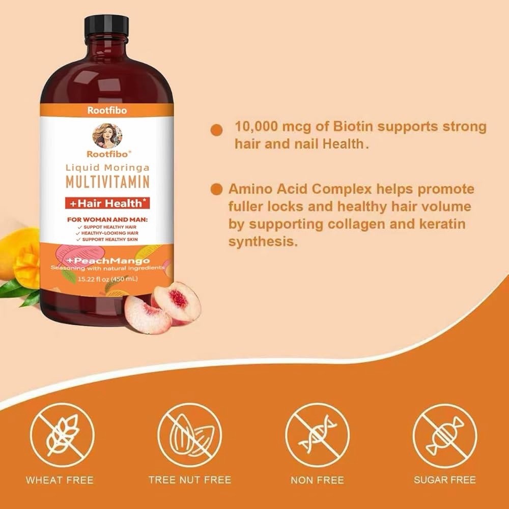 Liquid Morning Multivitamin + Hair Growth, Peach Mango, 15.22 fl oz (450 ml)