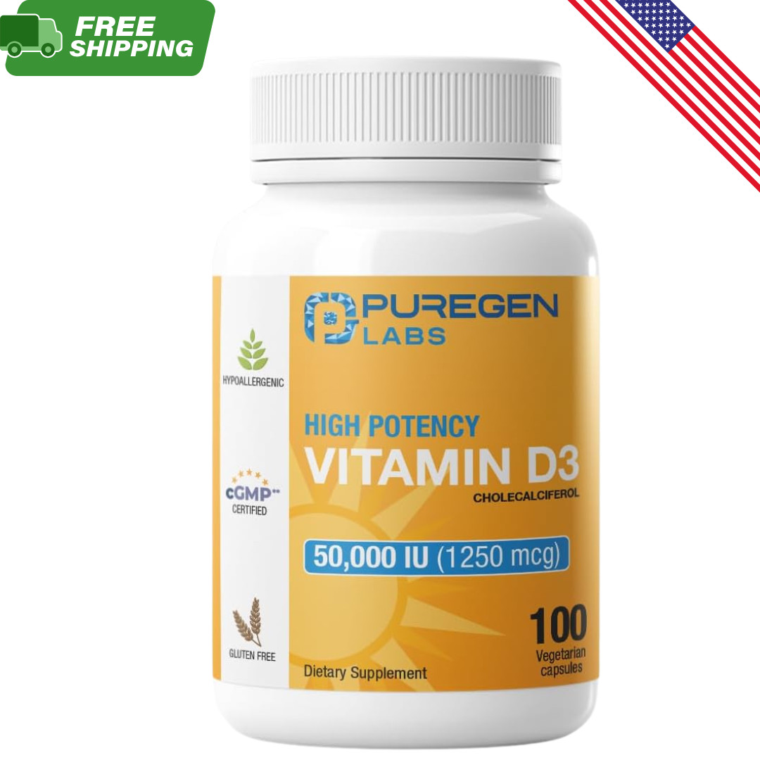 Puregen Labs Vitamin D3 50000 IU 100 Capsules Weekly Bone Immune Support