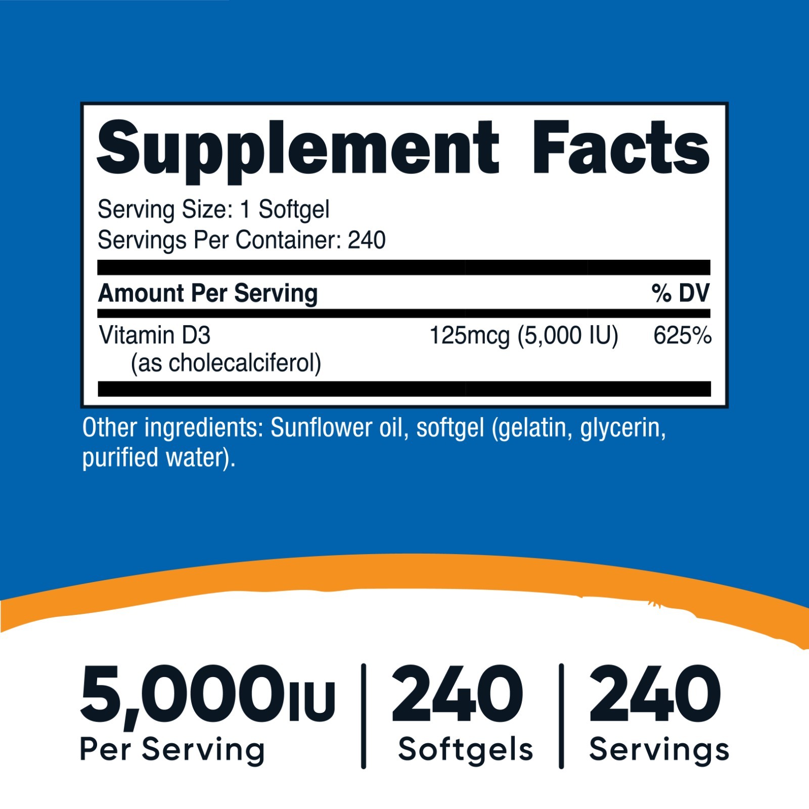 Nutricost Vitamin D3 5,000 IU, 240 Softgels – Gluten Free & Non-GMO