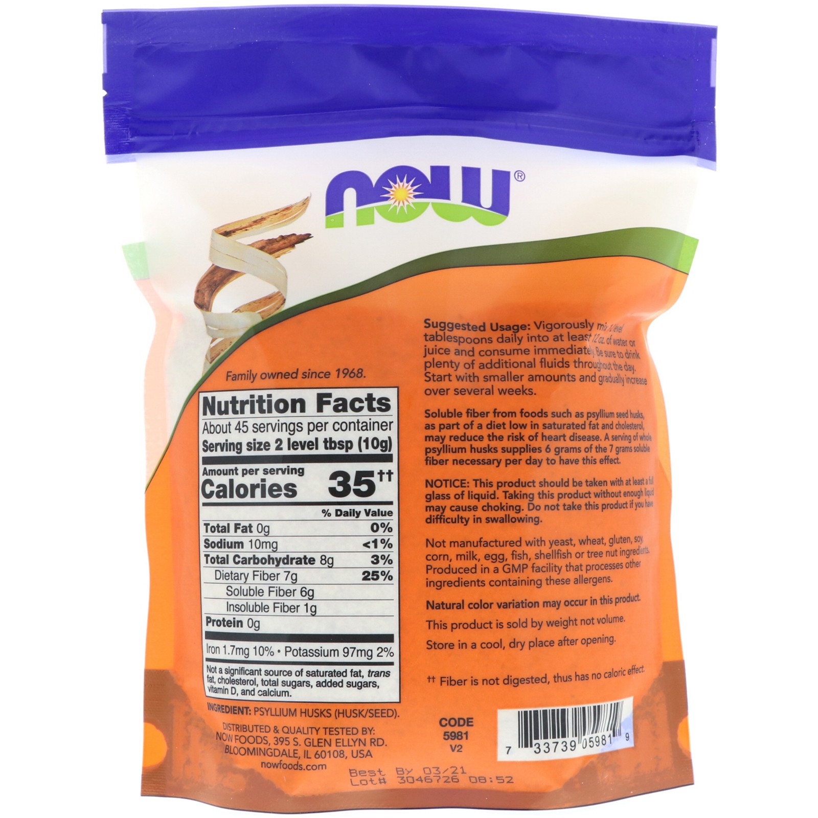 Now Foods, (2 Pack) Whole Psyllium Husks, 16 oz (454 g)
