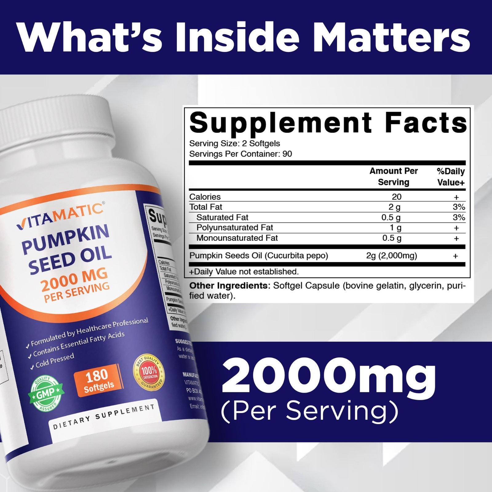 Vitamatic Pumpkin Seed Oil 2000mg Softgel Capsules per serving – 180 Softgels